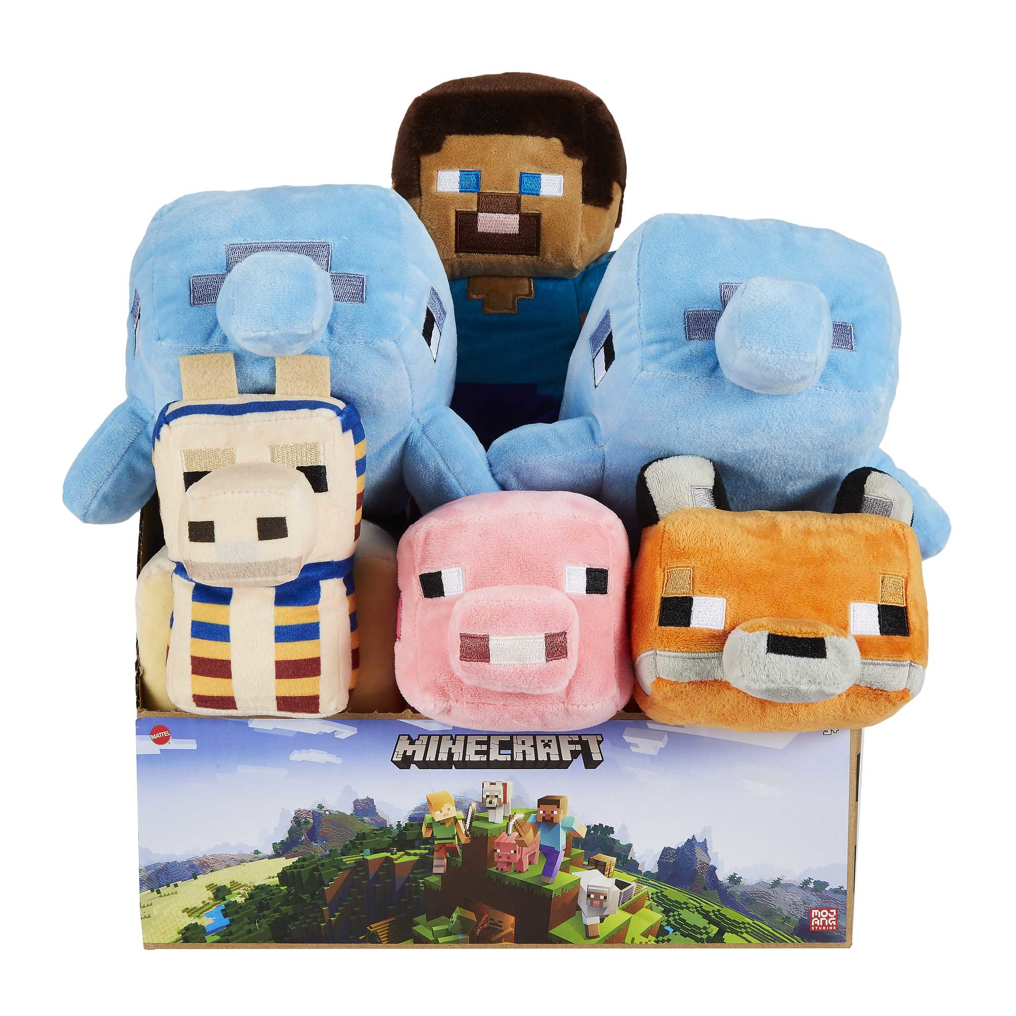Peluche de Minecraft, incluyendo a Steve, un delfín azul, una llama, un cerdo y un zorro, en una caja de cartón.