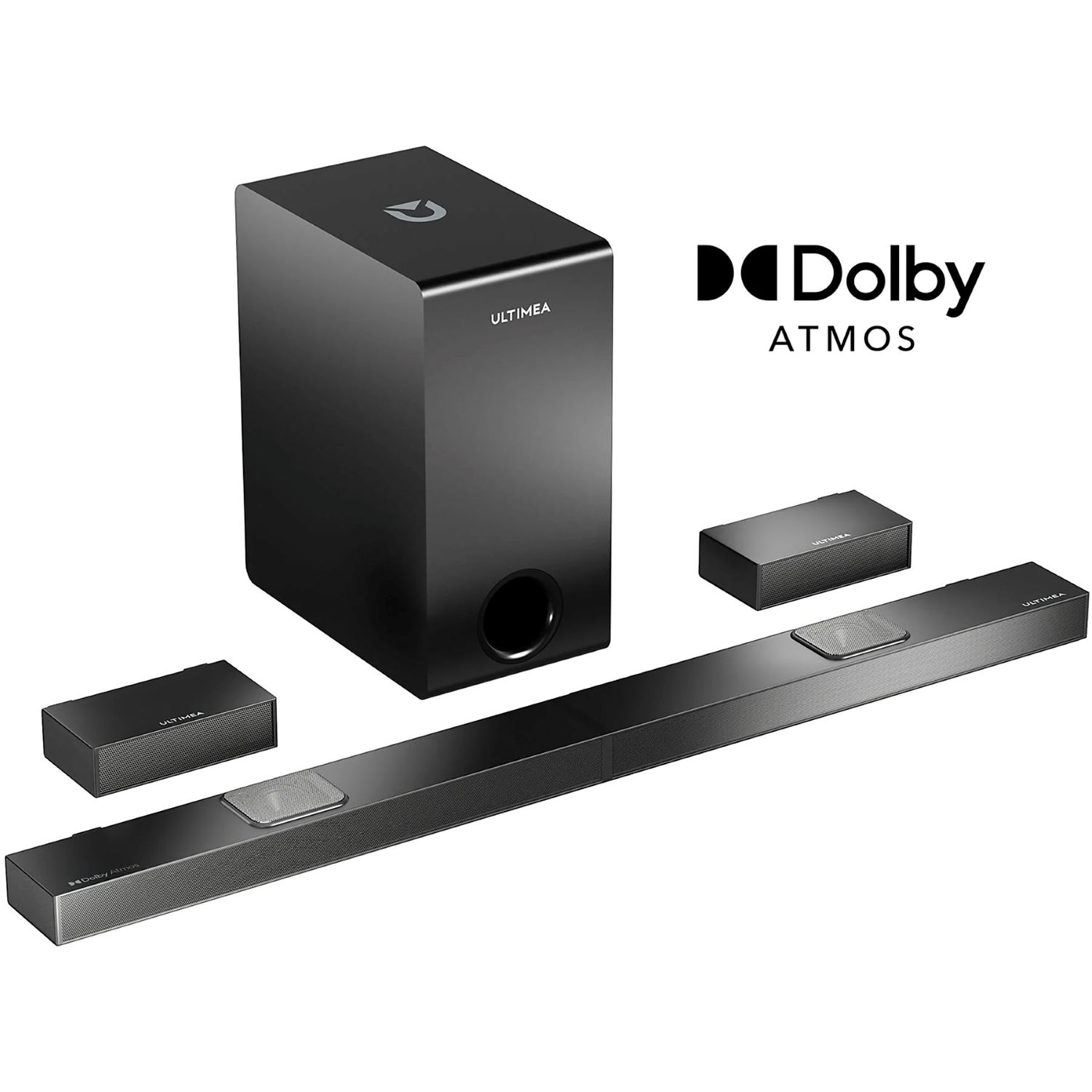 Czarny zestaw systemu dźwiękowego. Posiada długi soundbar, subwoofer i dwa małe głośniki.