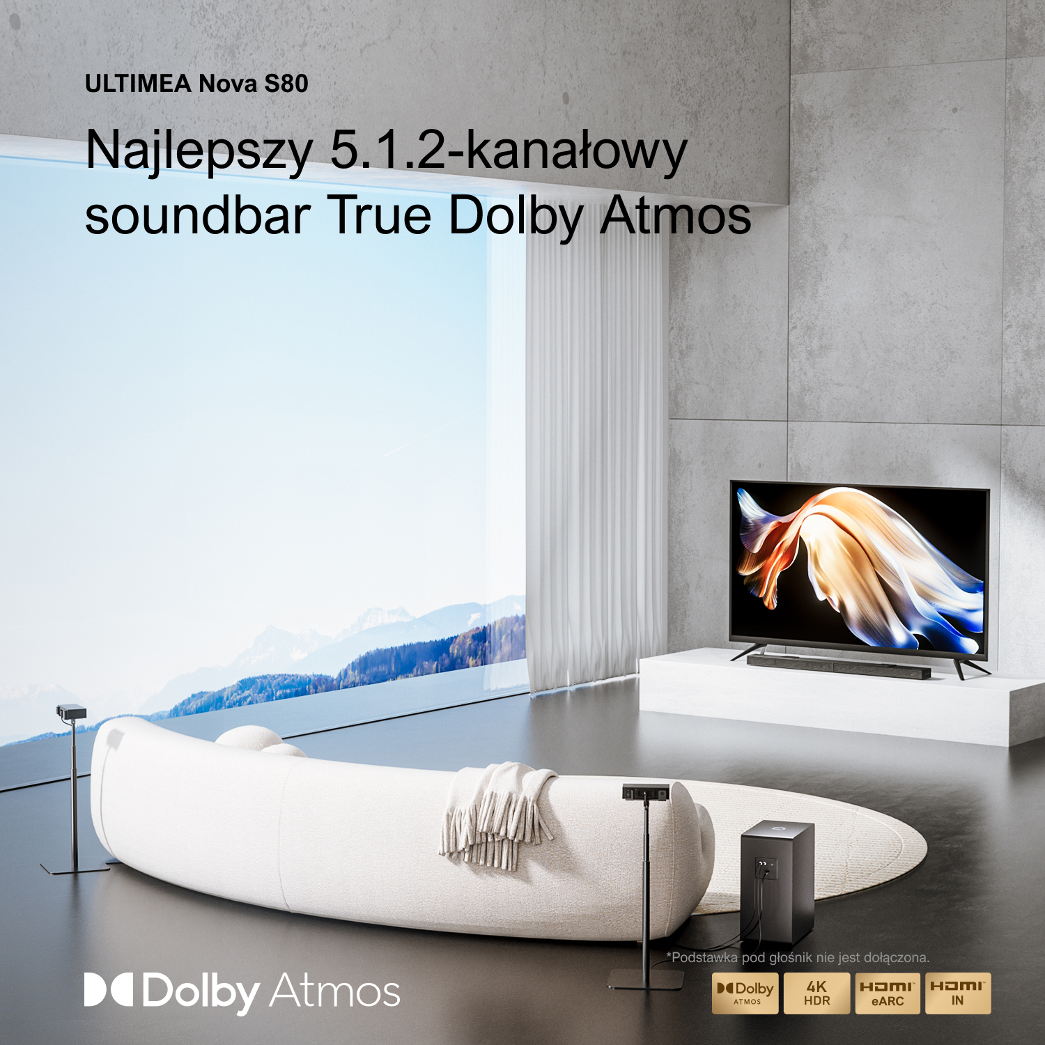Nowoczesny salon z soundbarem i telewizorem. Tekst mówi "ULTIMEA Nova S80" i "True Dolby Atmos".