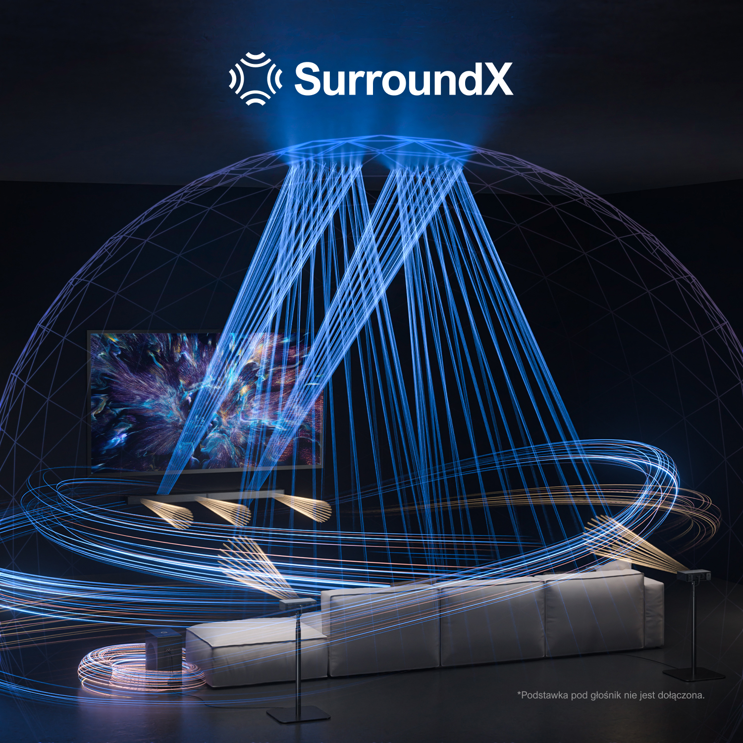 Konfiguracja kina domowego z telewizorem, głośnikami i kanapą, z diagramami pokazującymi fale dźwiękowe.