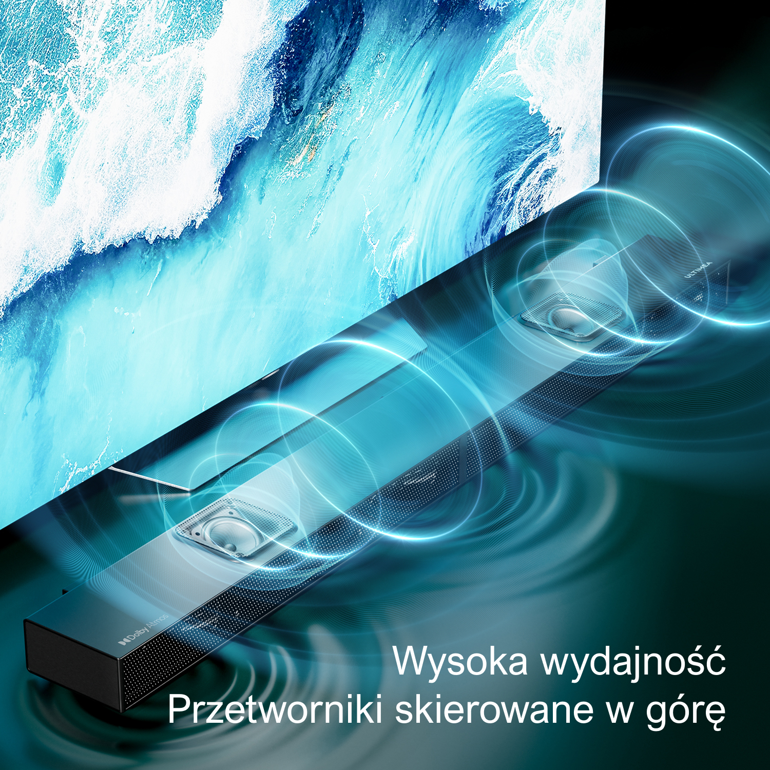 Soundbar przed ekranem telewizora. Ekran wyświetla niebieską falę. Soundbar ma logo Dolby Atmos.