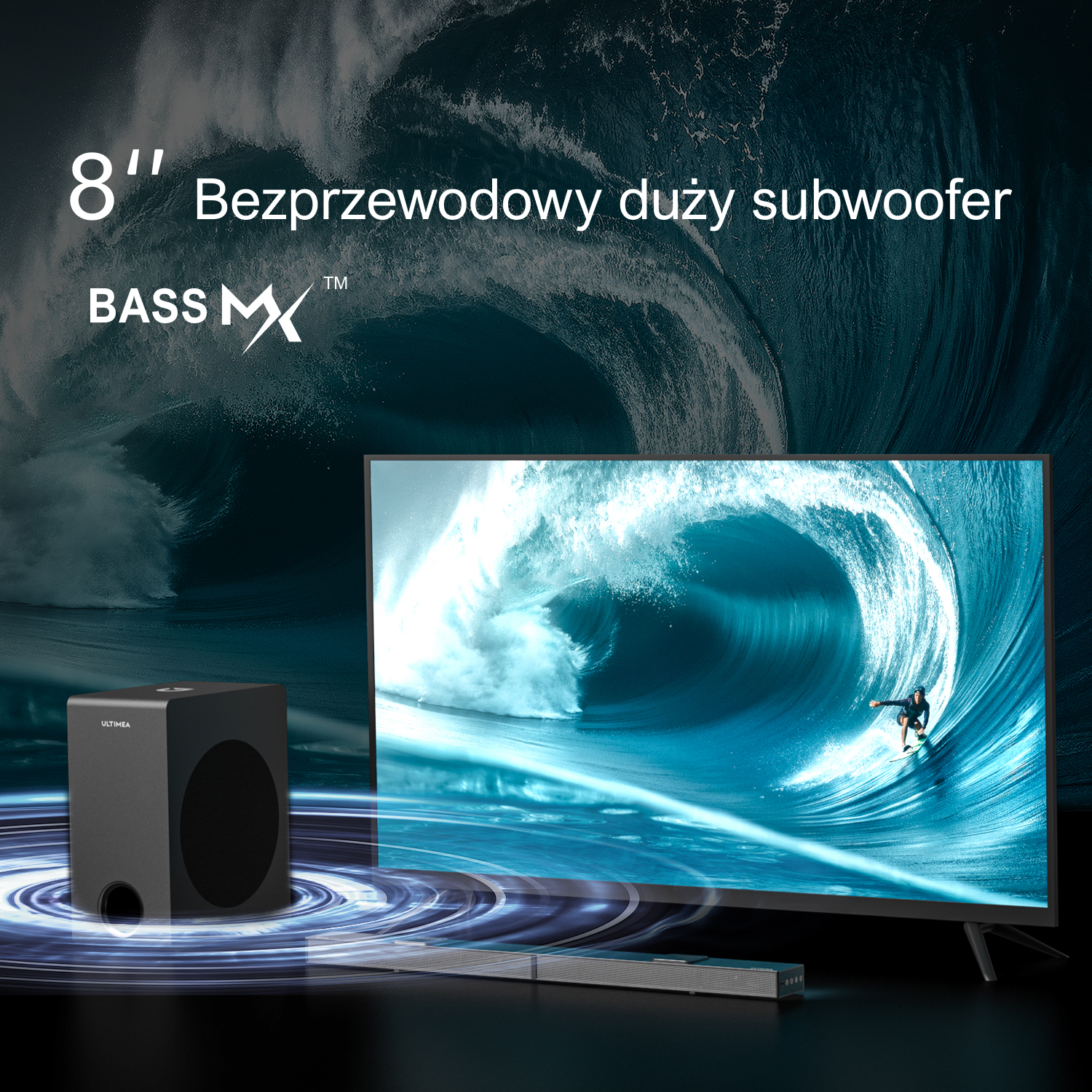 Czarny subwoofer i telewizor wyświetlający fale. Tekst mówi '8" Bezprzewodowy duży subwoofer'.