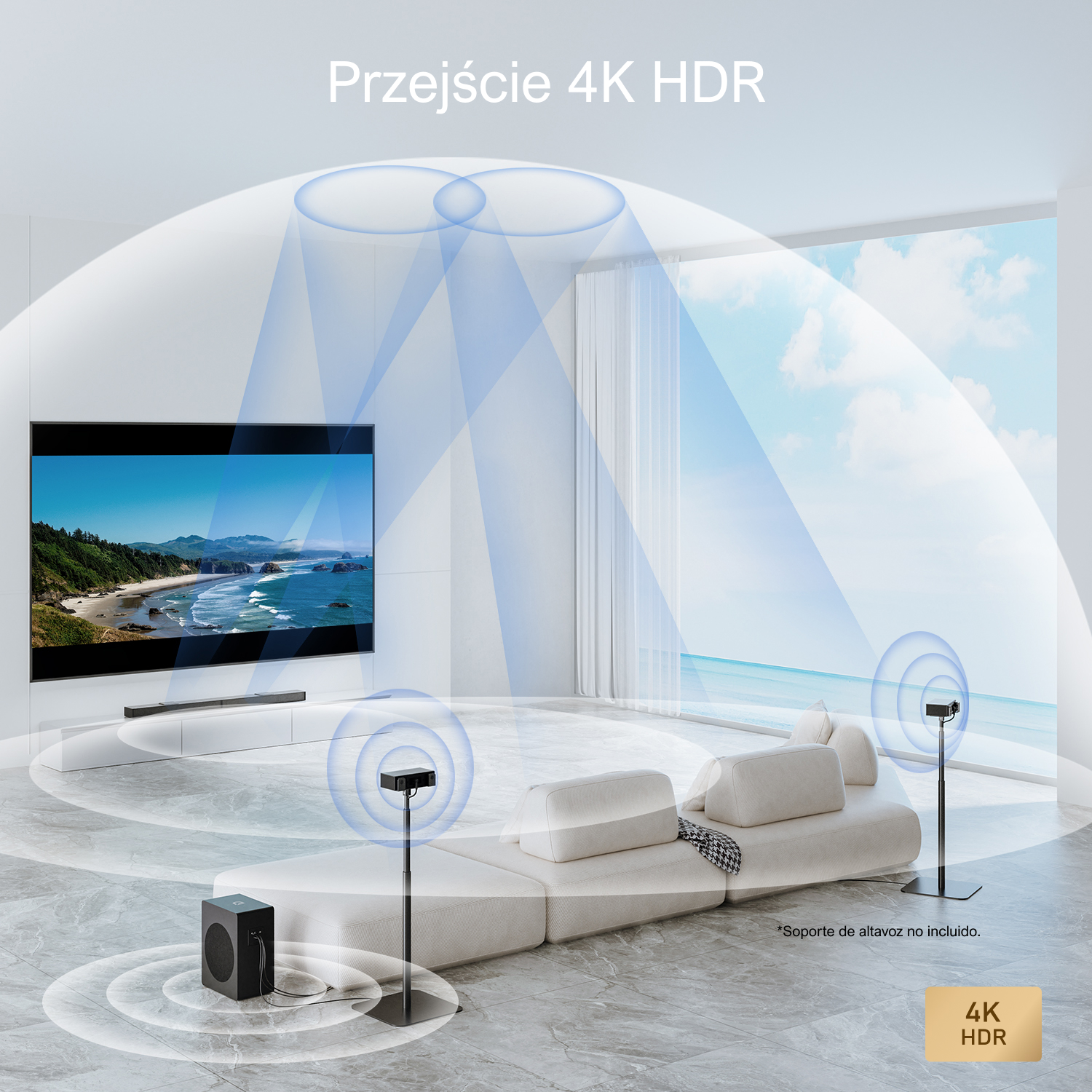 Salon z telewizorem, soundbarem i głośnikami z niebieskimi falami dźwiękowymi. Tekst mówi 4K HDR.