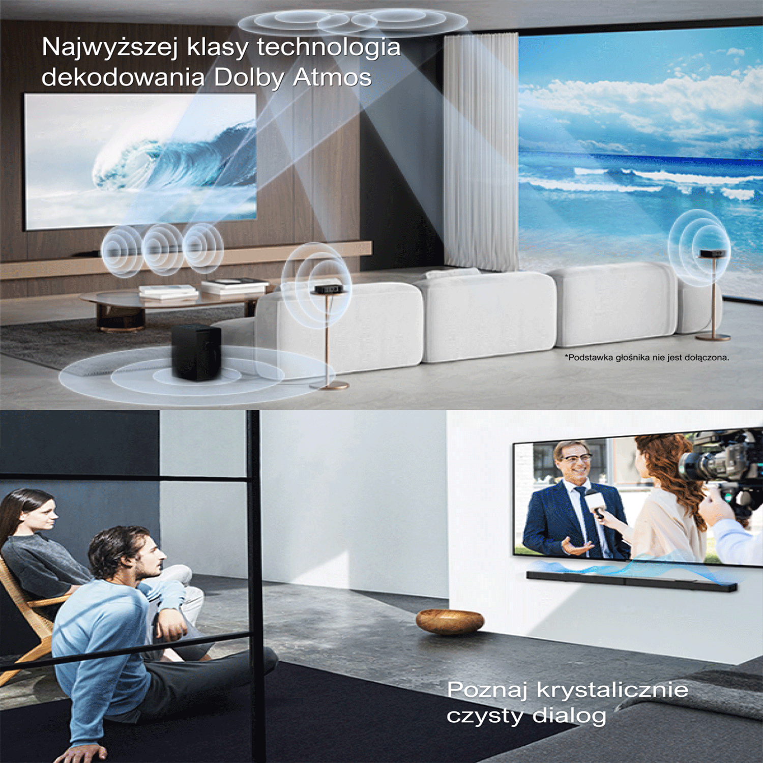 Pokój z dużym telewizorem i systemem dźwiękowym. Ludzie oglądają telewizję. Pod telewizorem znajduje się soundbar.