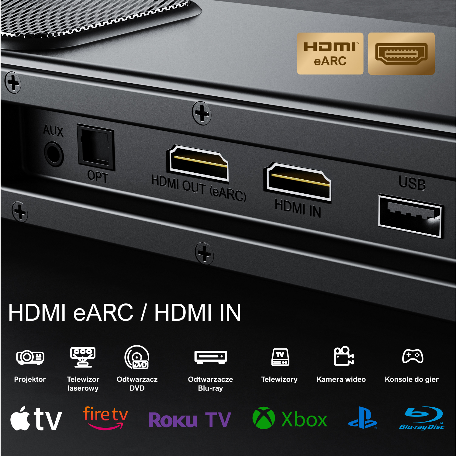 Zbliżenie soundbara z portami. HDMI, USB i AUX. Posiada etykiety HDMI eARC i HDMI IN.