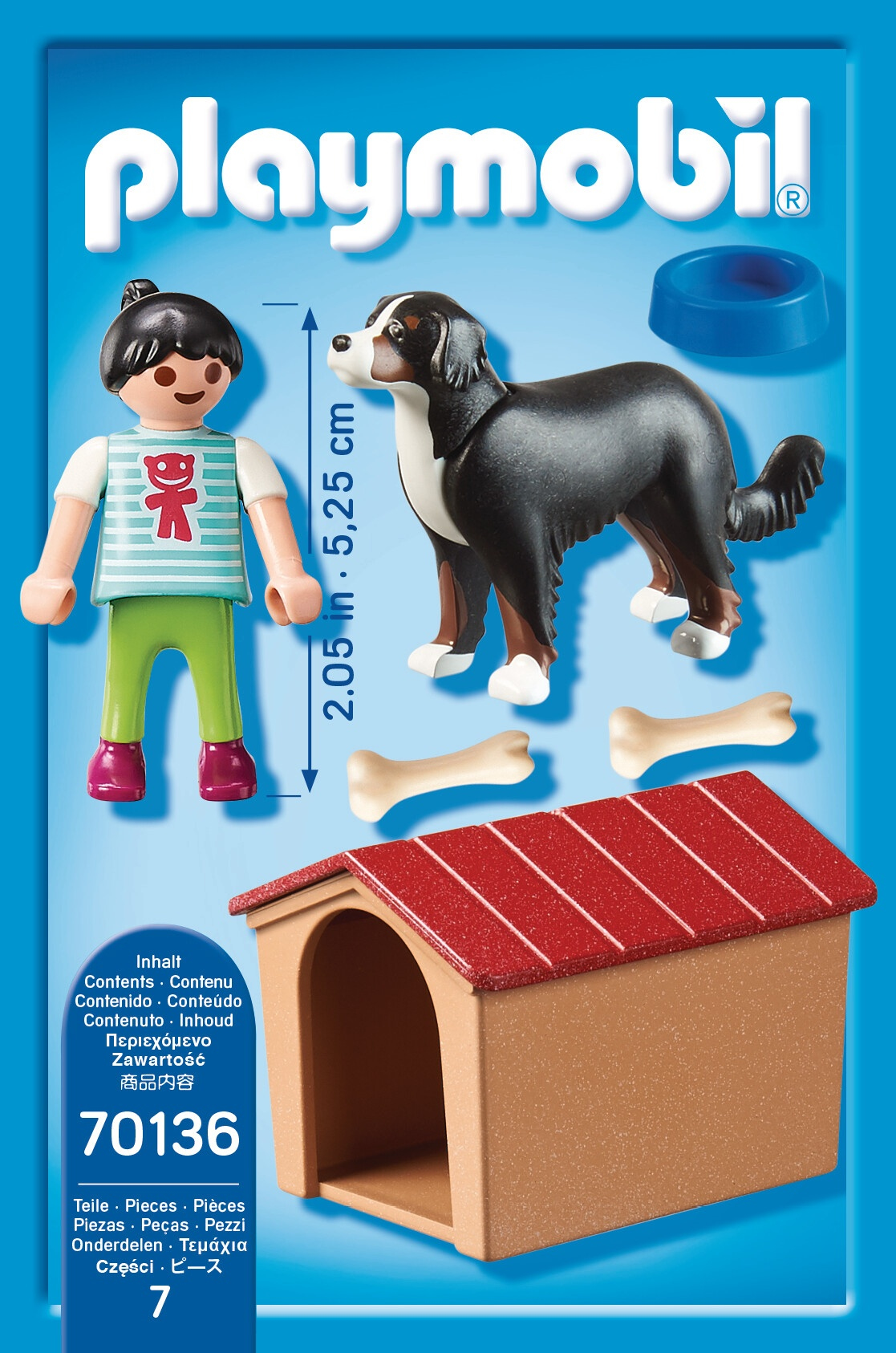 Set Playmobil Country con bambina, cane, cuccia e ossa. Sfondo blu ed etichetta del prodotto.