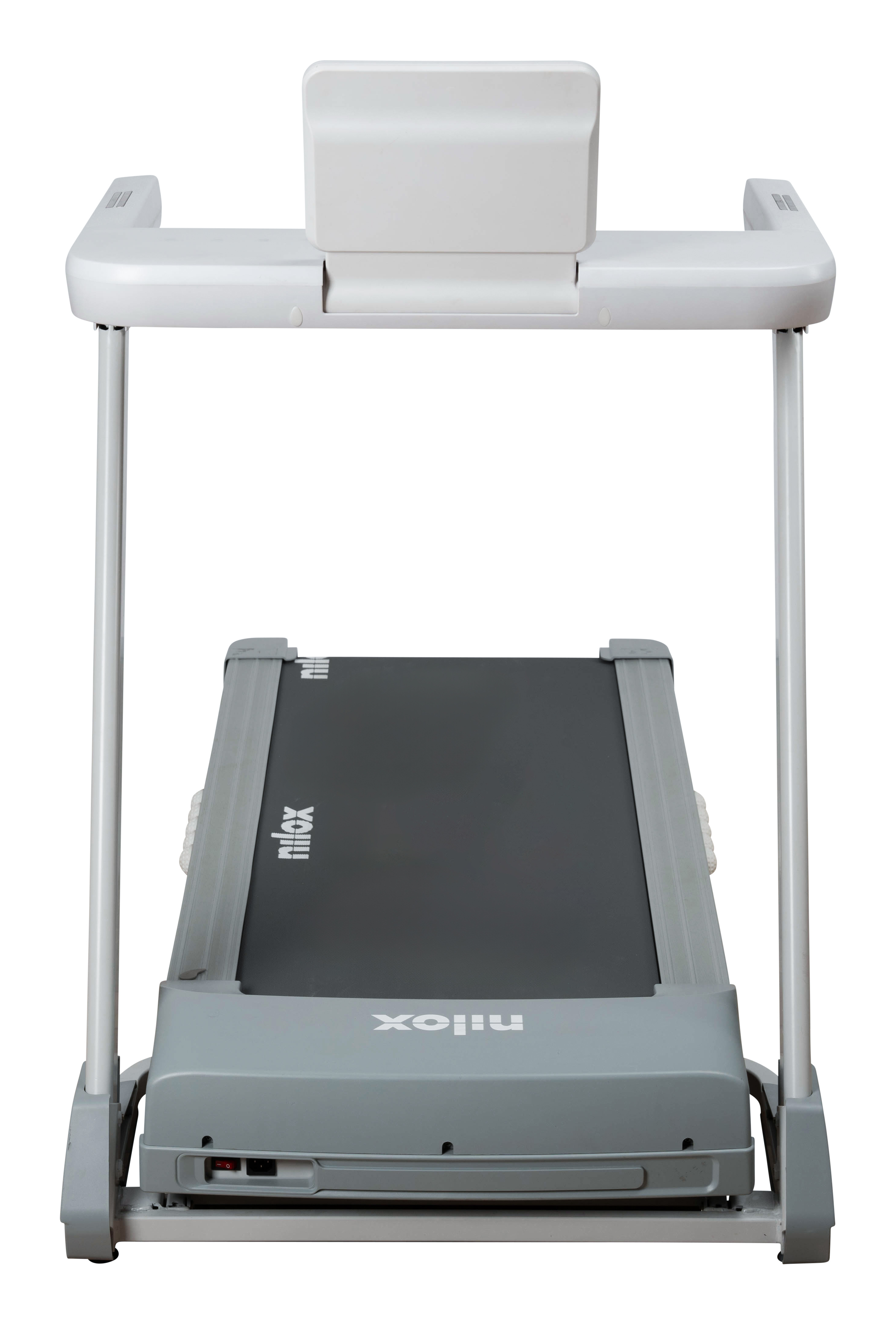 Tapis roulant con telaio bianco, base grigia e superficie di corsa nera. Marchio Nilox visibile. Bianco.