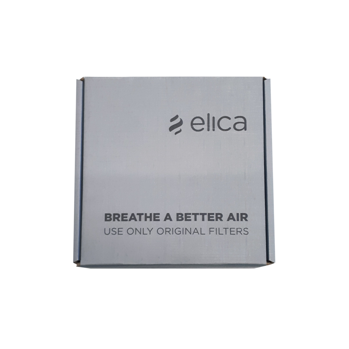 Eine graue Box mit dem Elica-Logo und dem Text 'Atmen Sie bessere Luft. Verwenden Sie nur Originalfilter'.