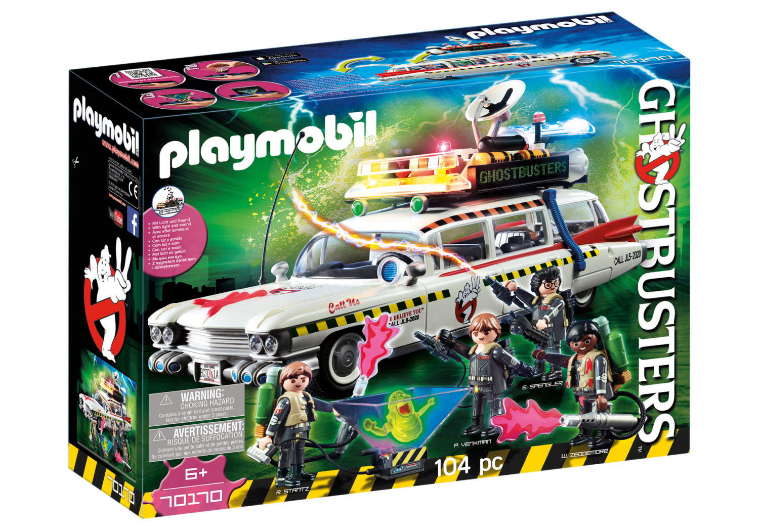 Pudełko zestawu Playmobil Ghostbusters. Pudełko przedstawia samochód Ecto-1 i figurki Ghostbusters na czarnym tle.