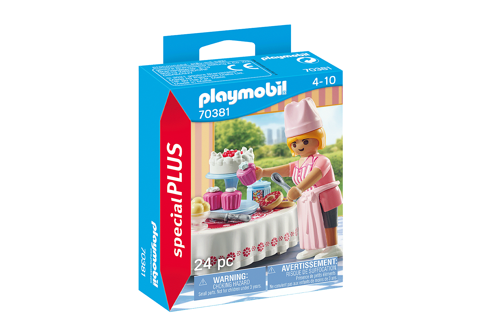 Boîte Playmobil avec une figurine de chef, un gâteau et des cupcakes. Contient le set Playmobil Special Plus.