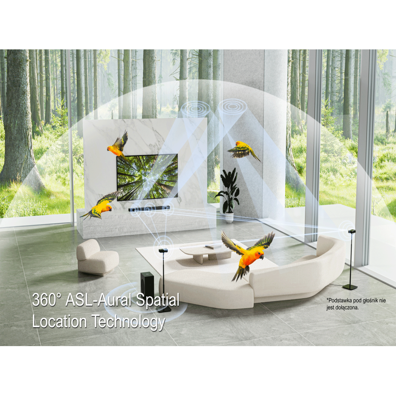 Nowoczesny salon z telewizorem, soundbarem i papugami. Pokój ma duże okna i białą sofę.