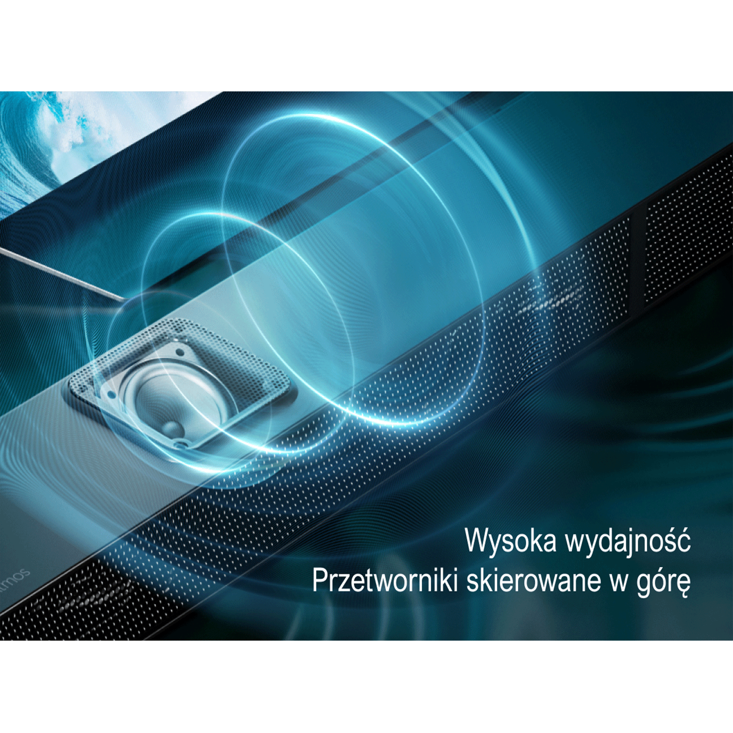 Zbliżenie soundbaru z głośnikiem i przetwornikami skierowanymi do góry. Tło pokazuje zakrzywioną krawędź.