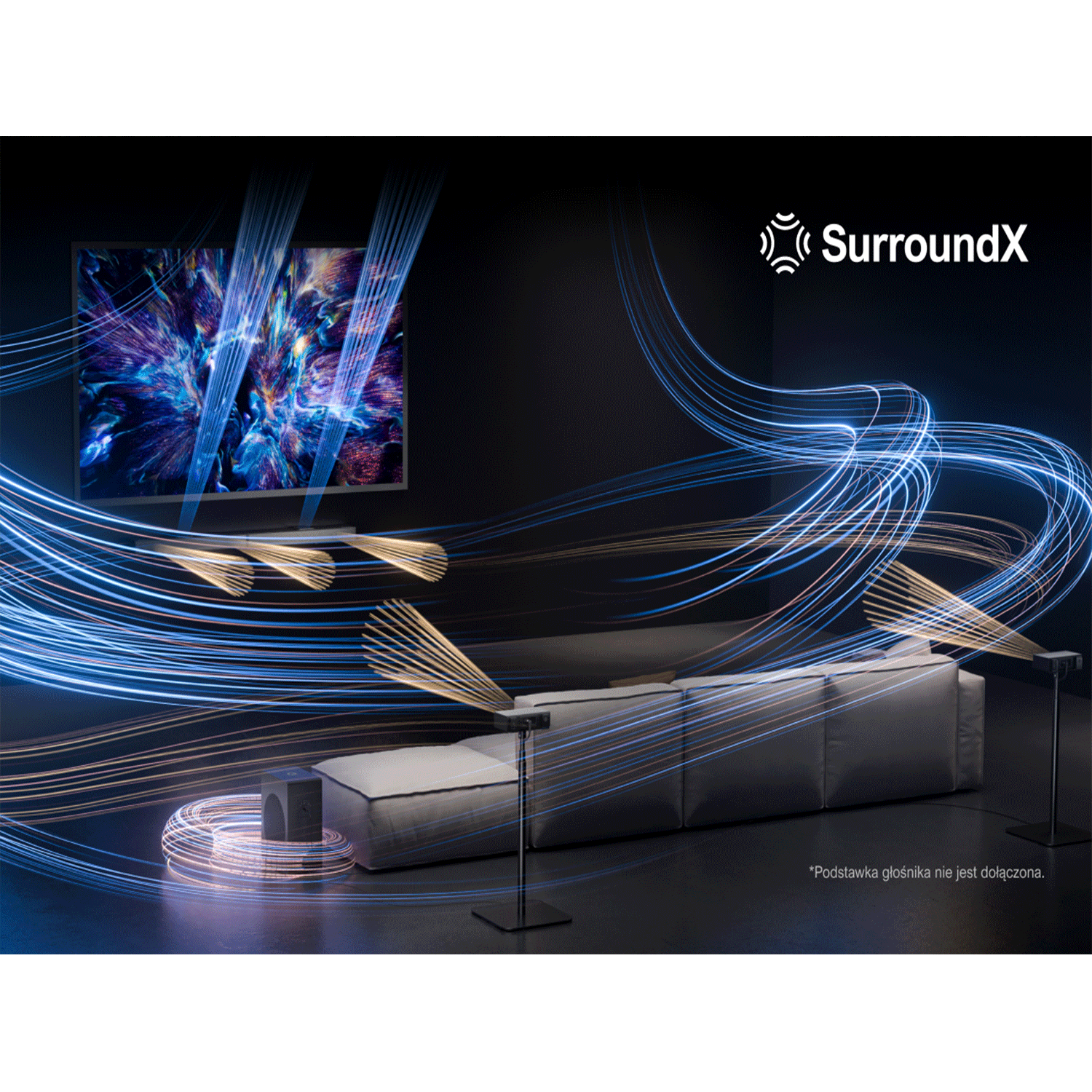 Nowoczesny salon z wiązkami światła i systemem dźwiękowym. Pokój ma białą sofę i telewizor.