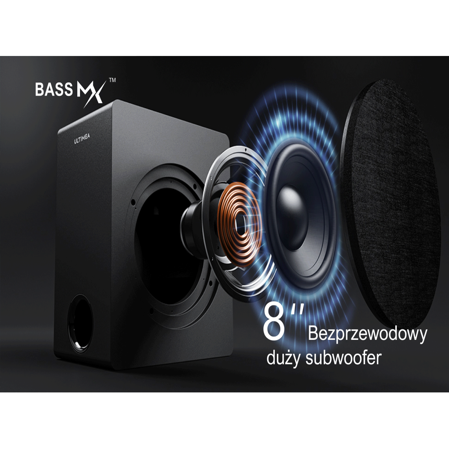 Czarny subwoofer z głośnikiem 8", oznaczony jako bezprzewodowy głośnik basowy. Pokazuje wewnętrzną strukturę głośnika.