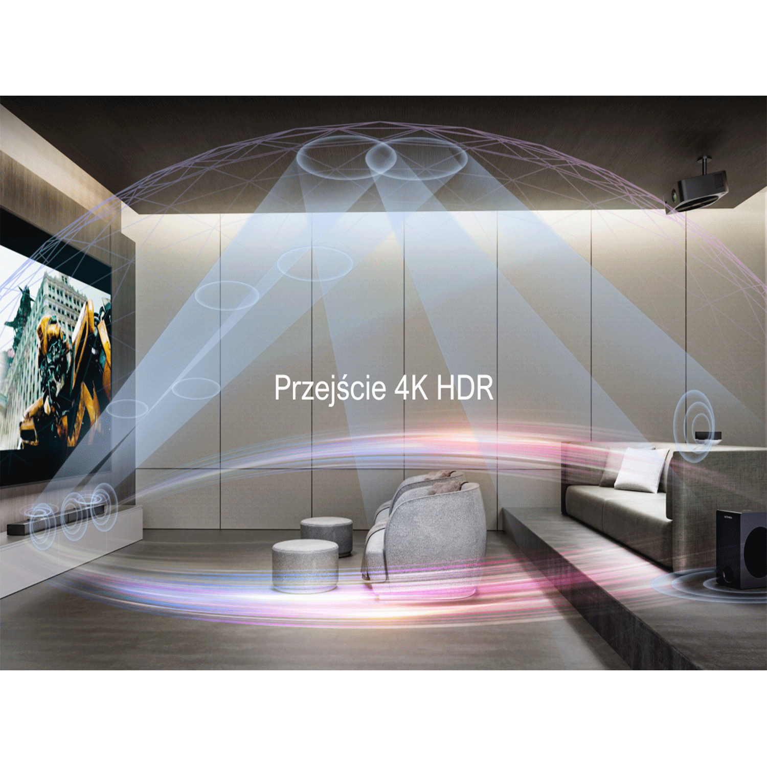 Nowoczesny salon z dużym ekranem wyświetlającym film, z grafiką fali dźwiękowej.