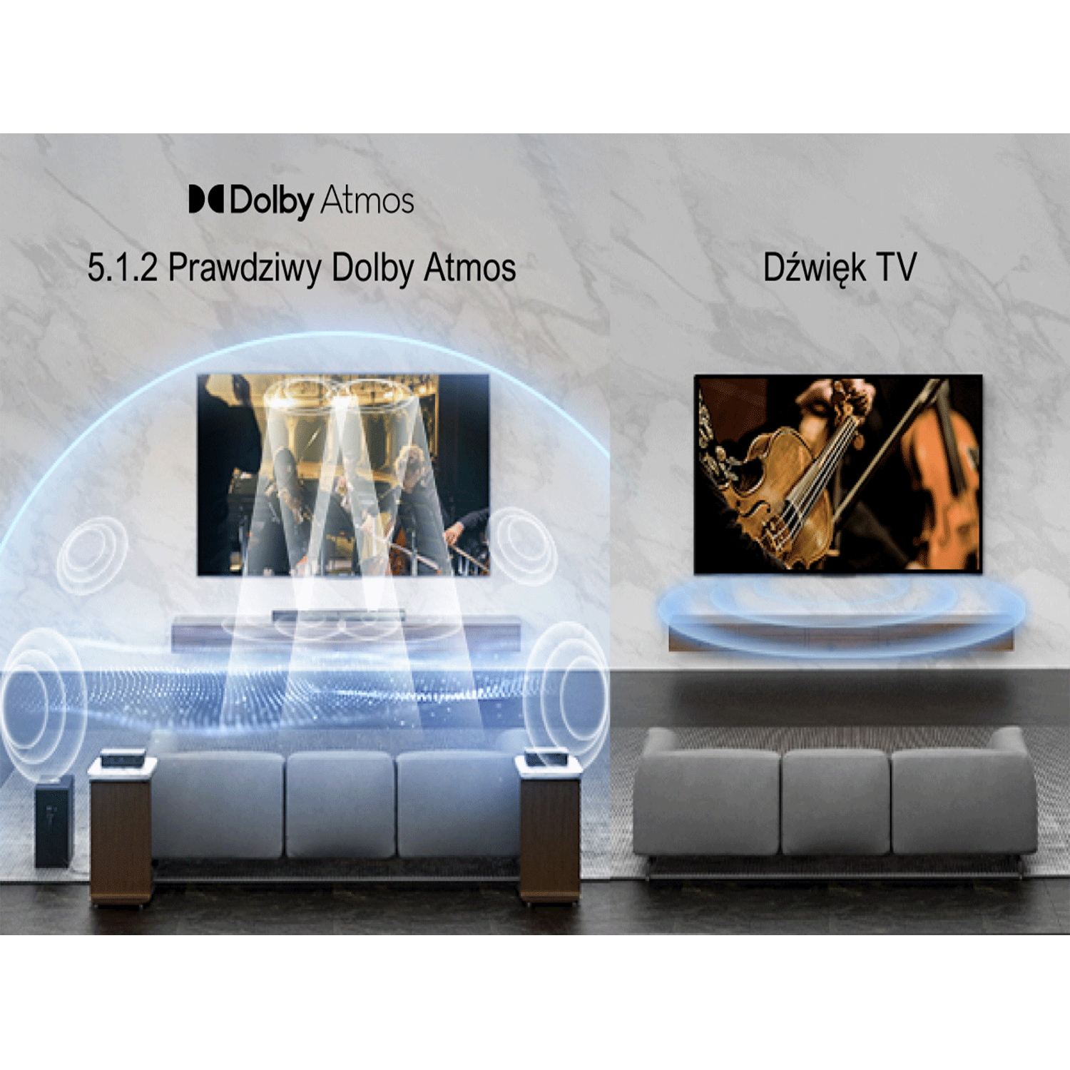 Salon z koncertem na TV, logo Dolby Atmos, głośniki.