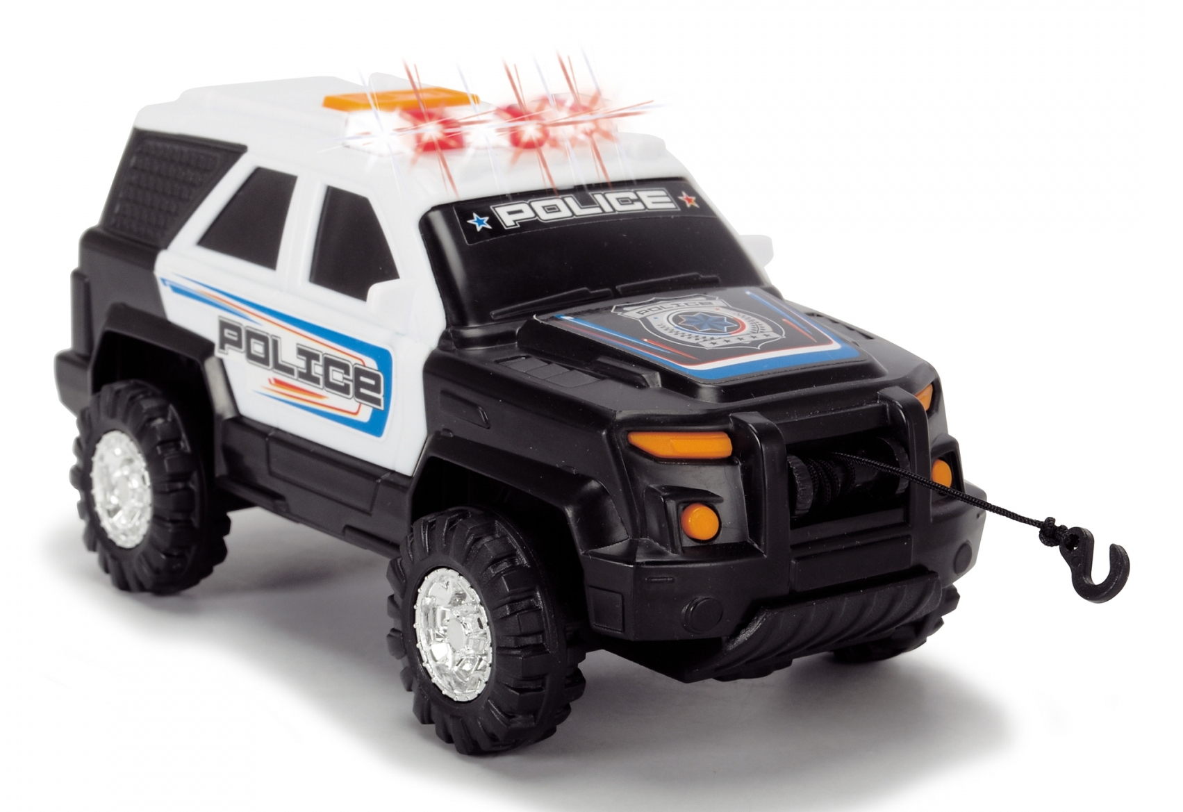 Zabawkowy radiowóz policyjny, czarno-biały, z migającymi światłami i wyciągarką z hakiem.