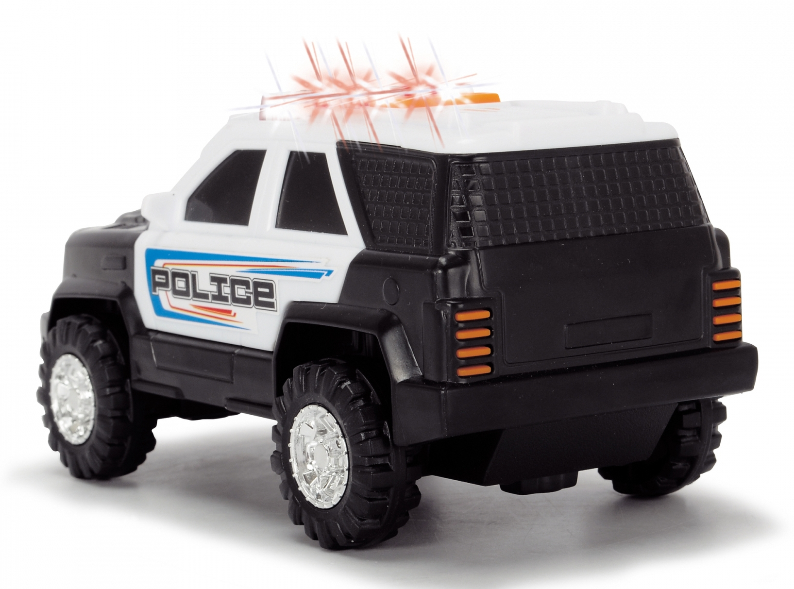 Zabawkowy radiowóz z migającymi światłami. Kolory: biały, czarny i niebieski. Widok z tyłu.