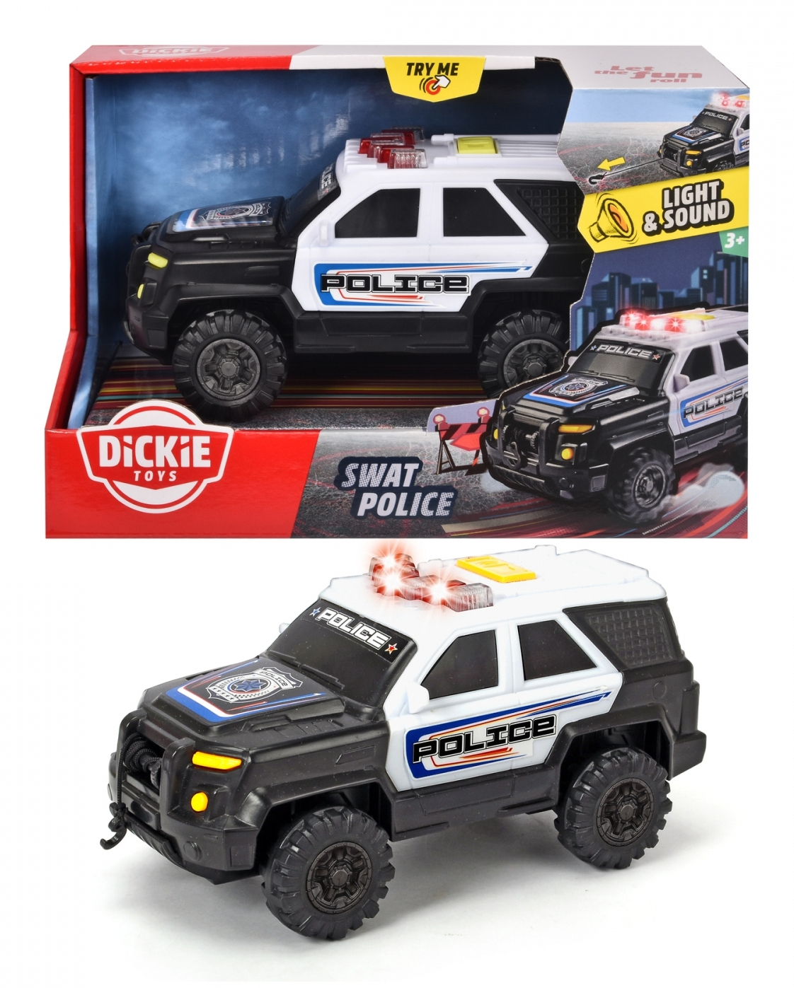 Zabawkowy radiowóz policyjny, czarno-biały, z migającymi światłami i napisem 'POLICE' z boku.