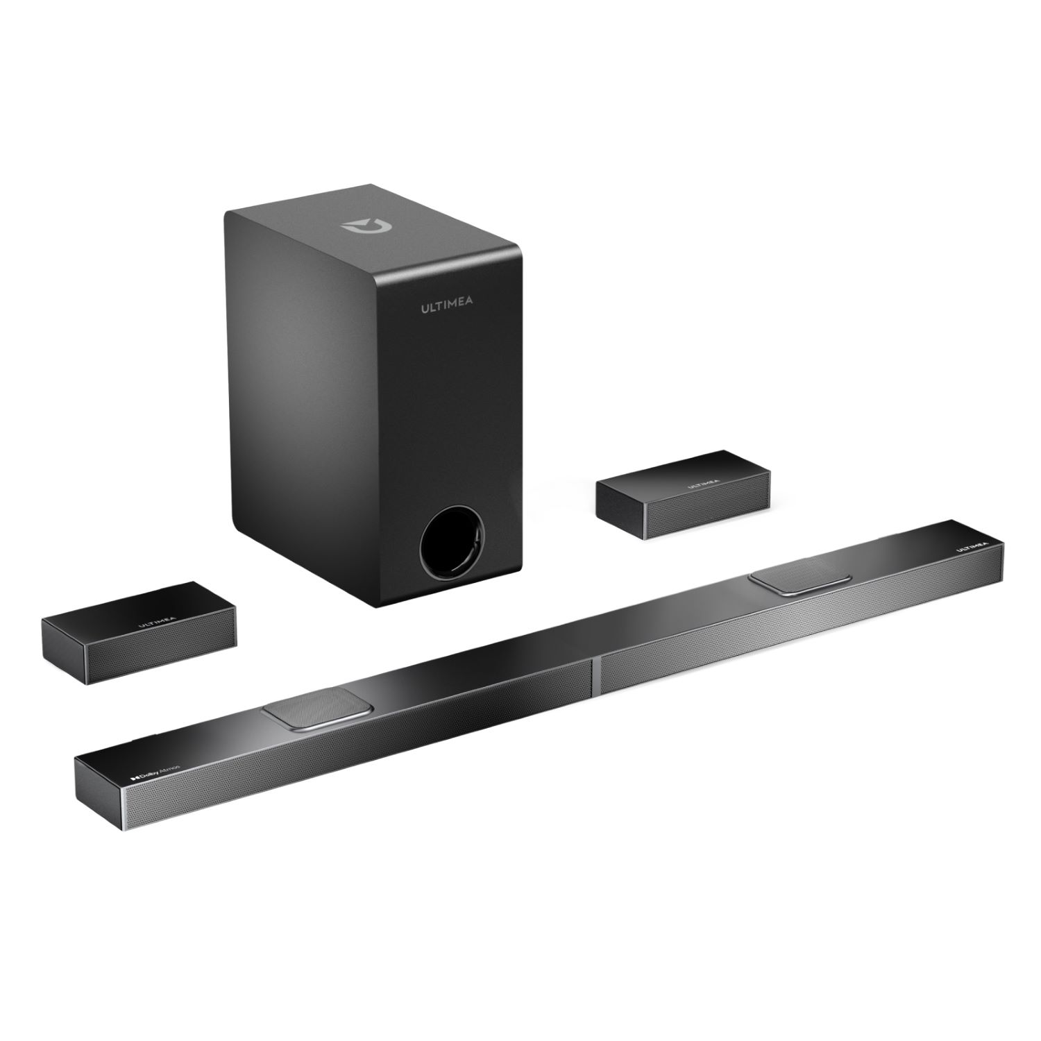 Czarne komponenty systemu dźwiękowego: subwoofer, soundbar i małe głośniki. Nowoczesny design.