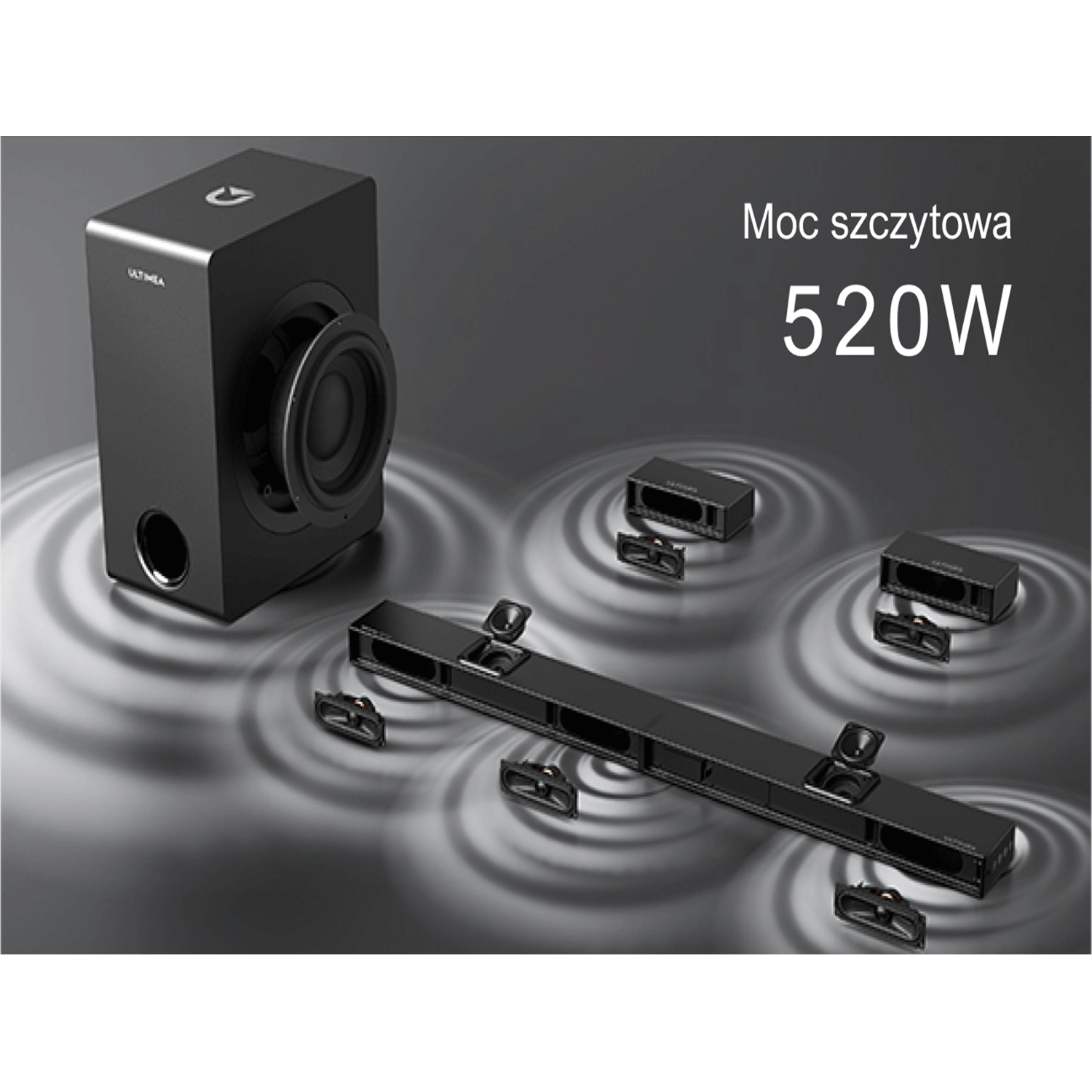 Czarny soundbar i subwoofer z napisem '520W'. Soundbar ma wiele głośników.