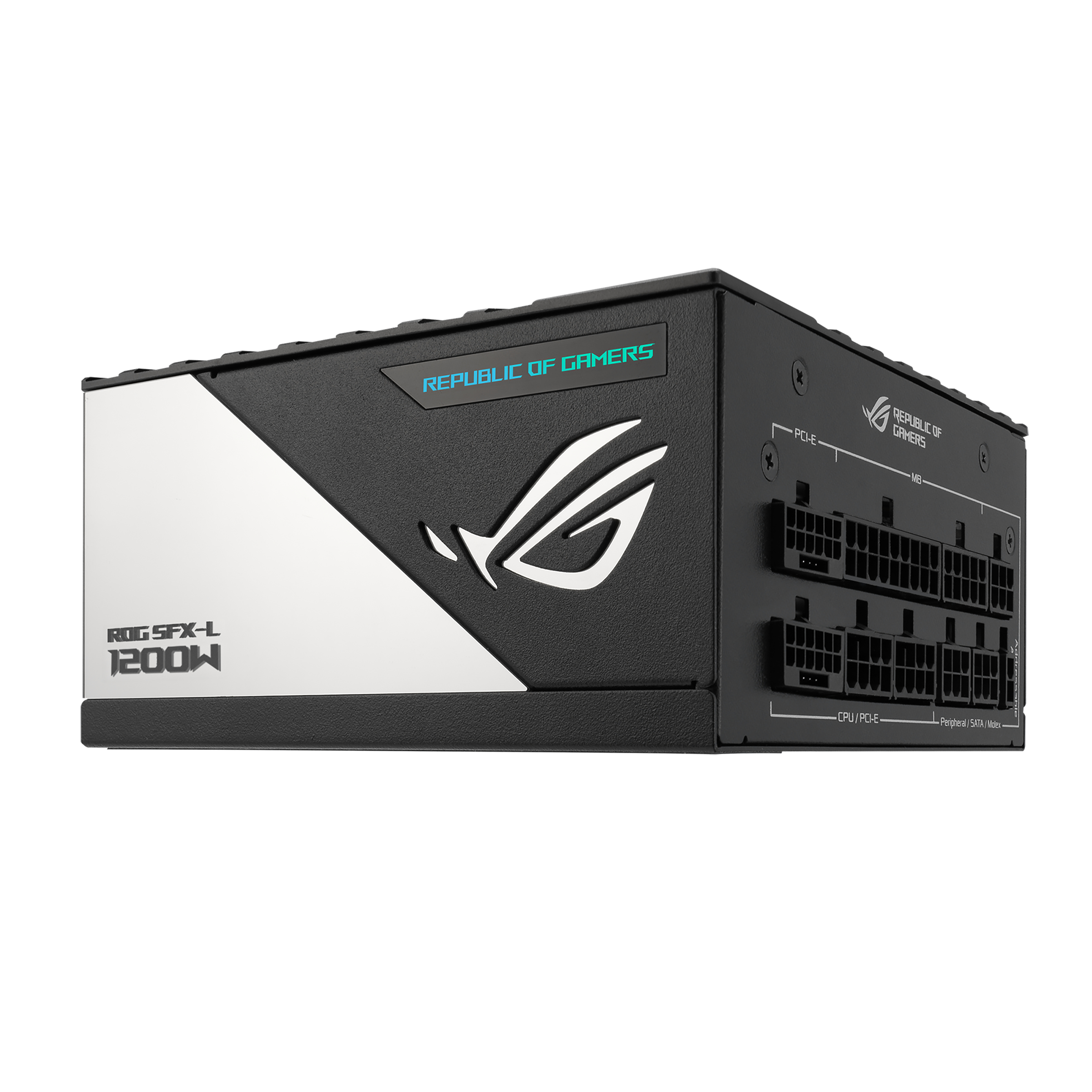 Zasilacz komputerowy ROG SFX-L 1200W, czarno-biały z logo ROG.