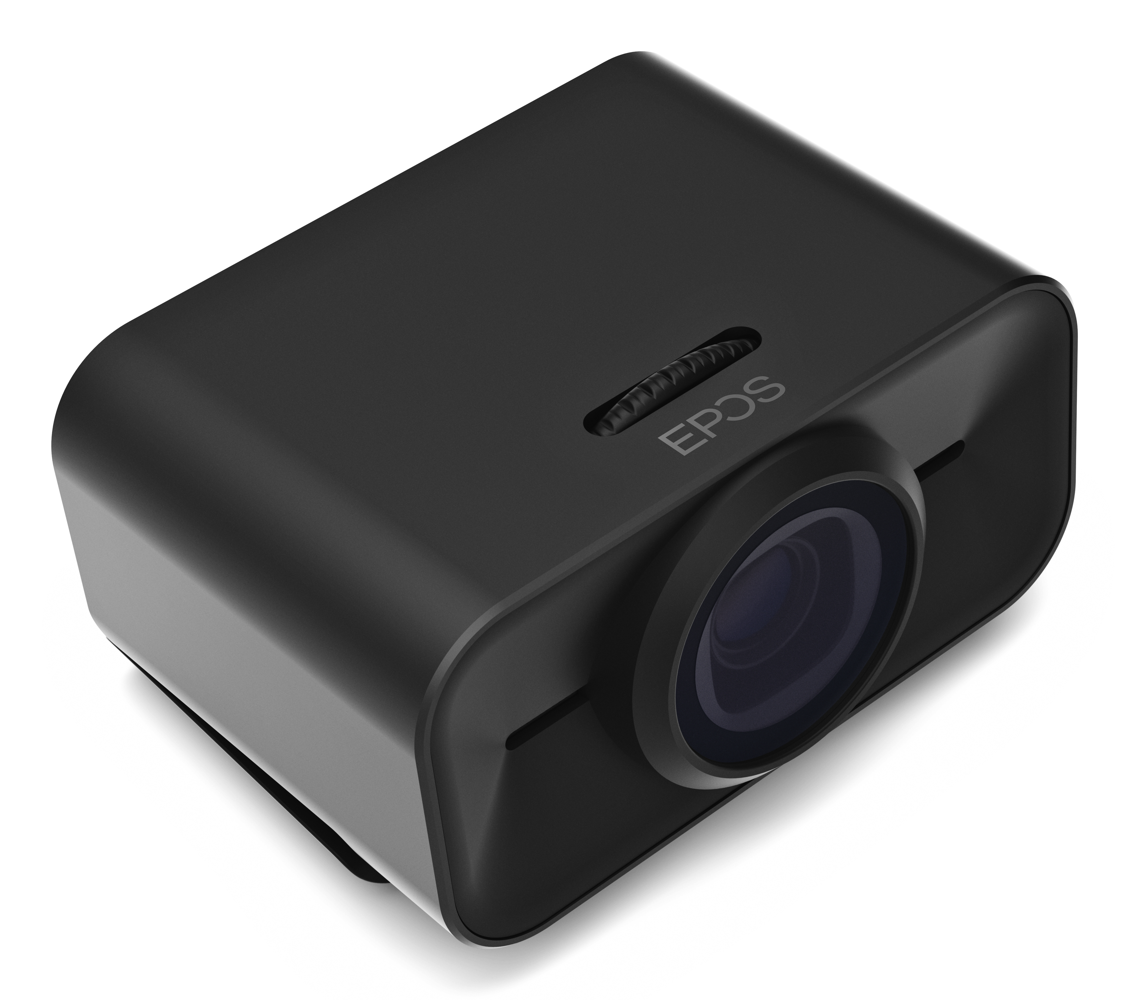 Een zwarte EPOS webcam met een lens en een kleine draaiknop aan de bovenkant.