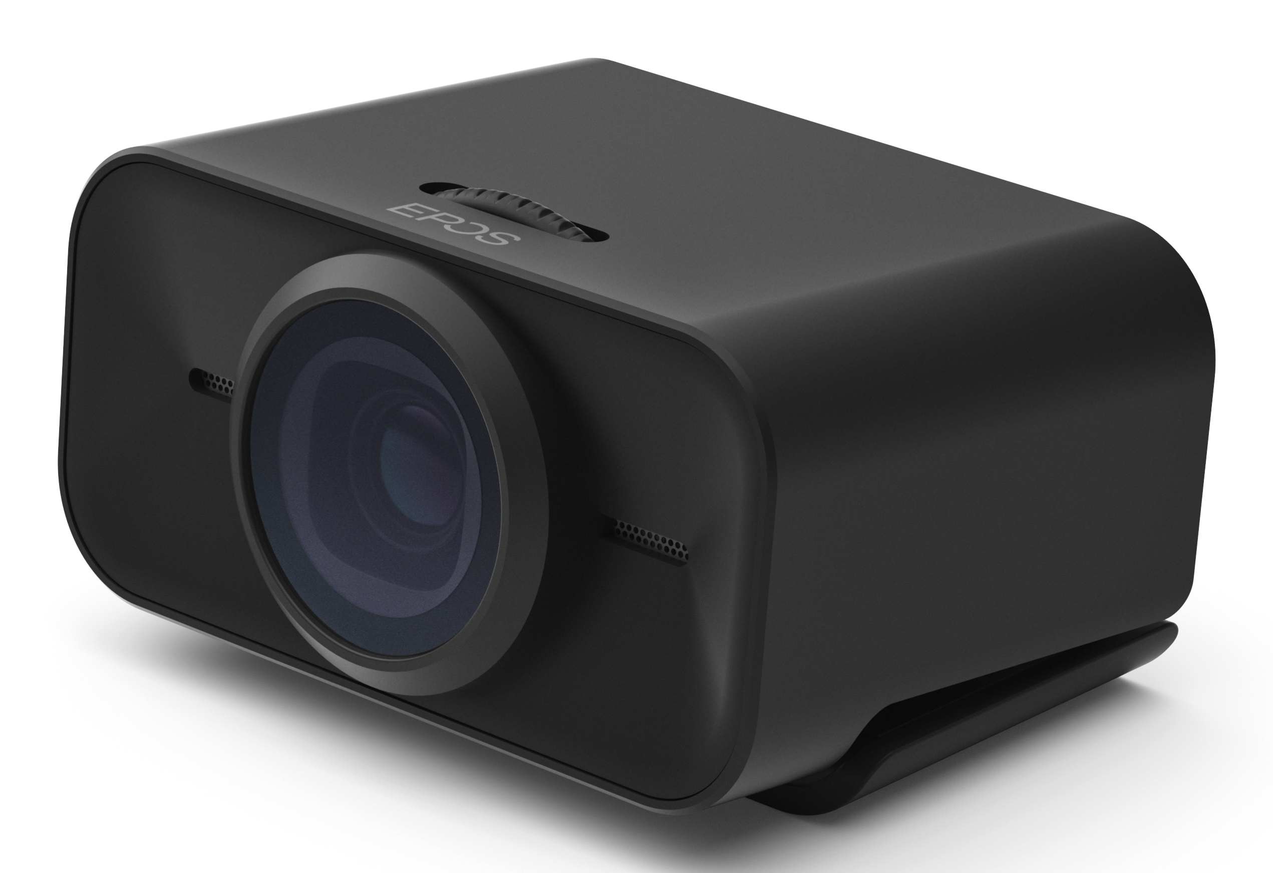 Zwarte projector met een lens en een bedieningswiel, tegen een witte achtergrond.