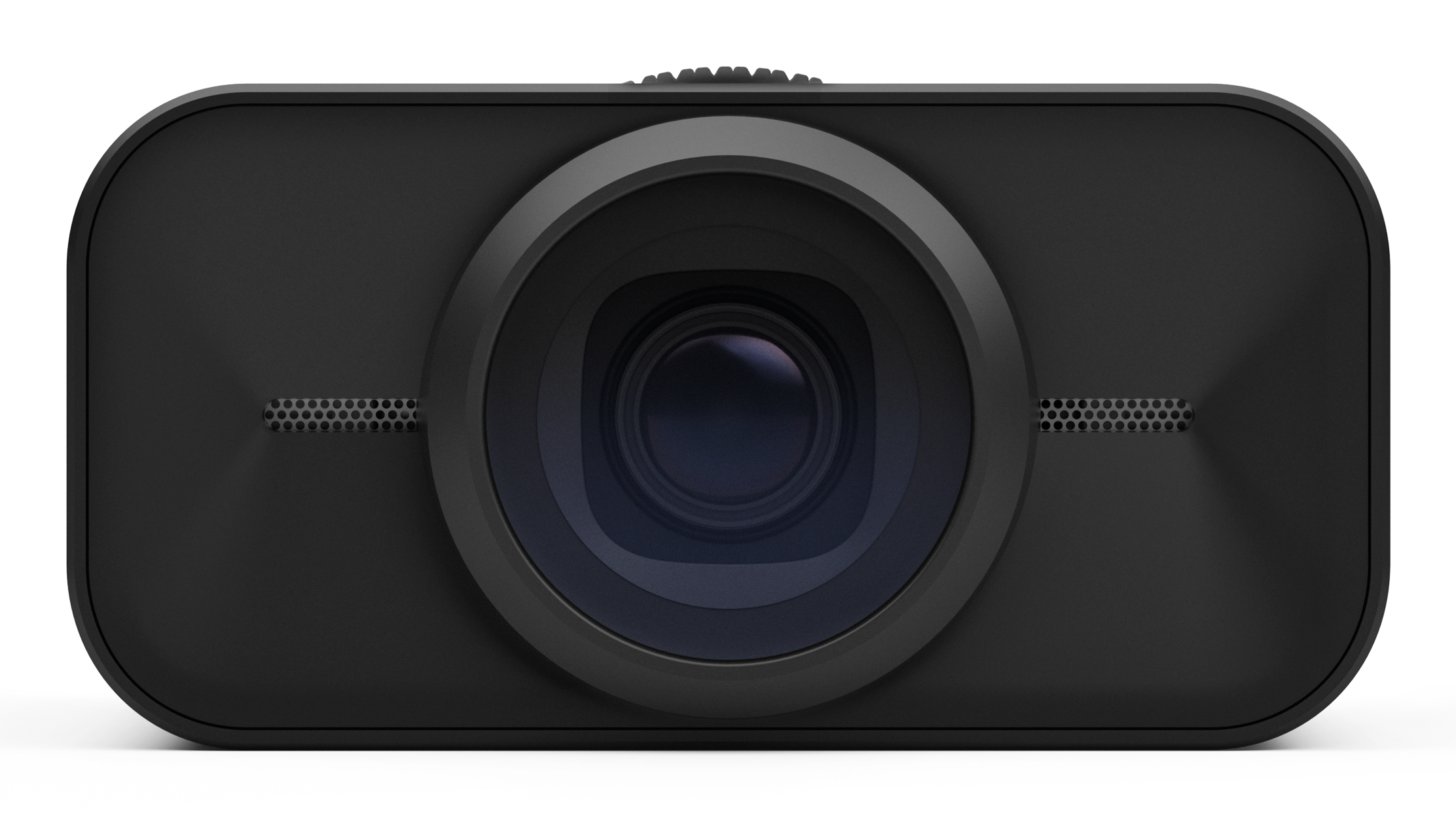 Zwarte dashcam met een lens op een witte achtergrond. Het heeft een ronde lens en kleine luidsprekers.