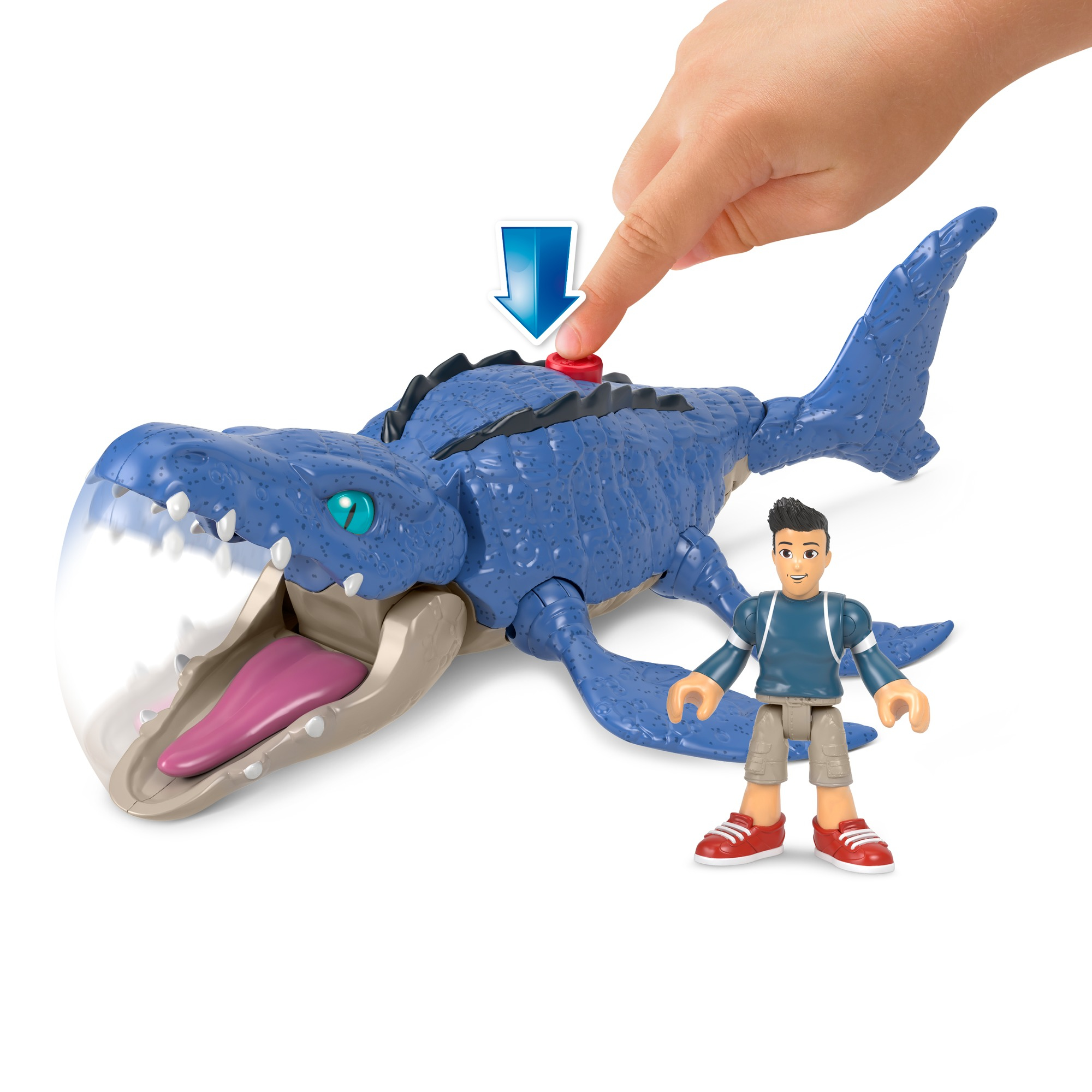 Niebieski dinozaur zabawka z figurką osoby. Ręka naciska przycisk na zabawce.