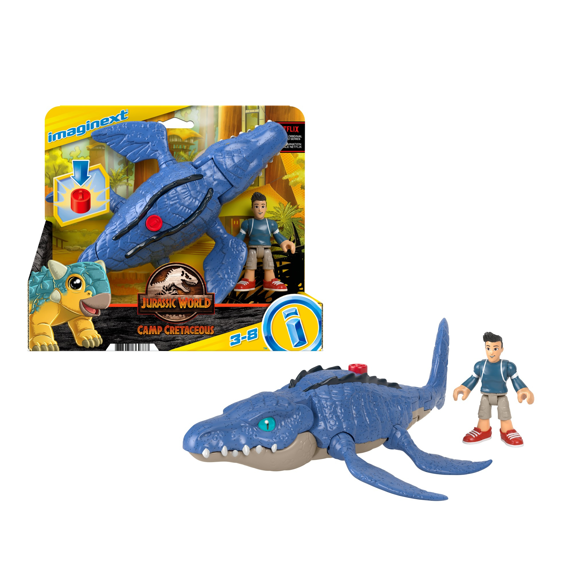 Niebieski zabawkowy mozaur i figurka mężczyzny z pudełkiem Jurassic World. Oba to zabawki.
