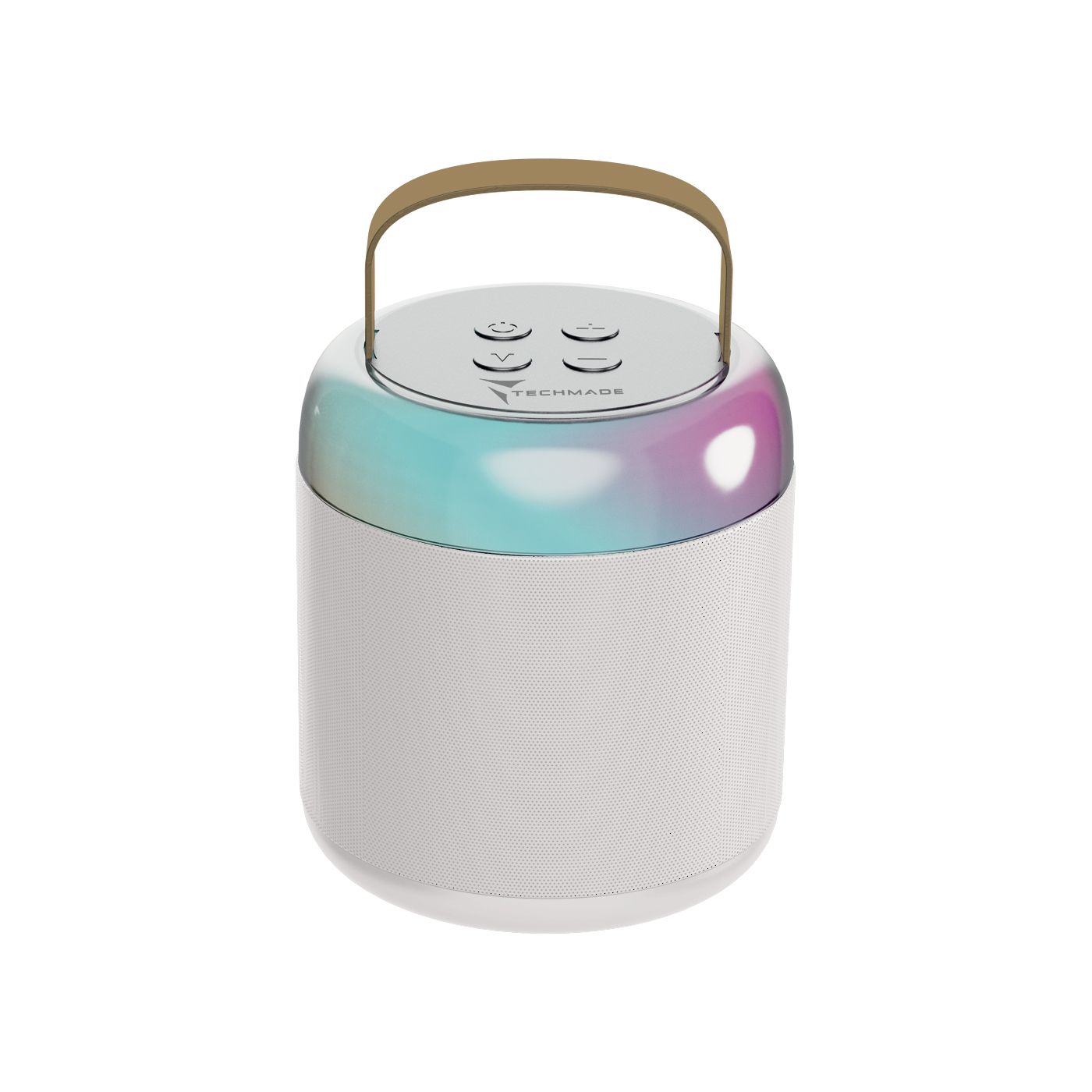 Biało-srebrny głośnik z uchwytem. Na górze przyciski i gradient kolorów.