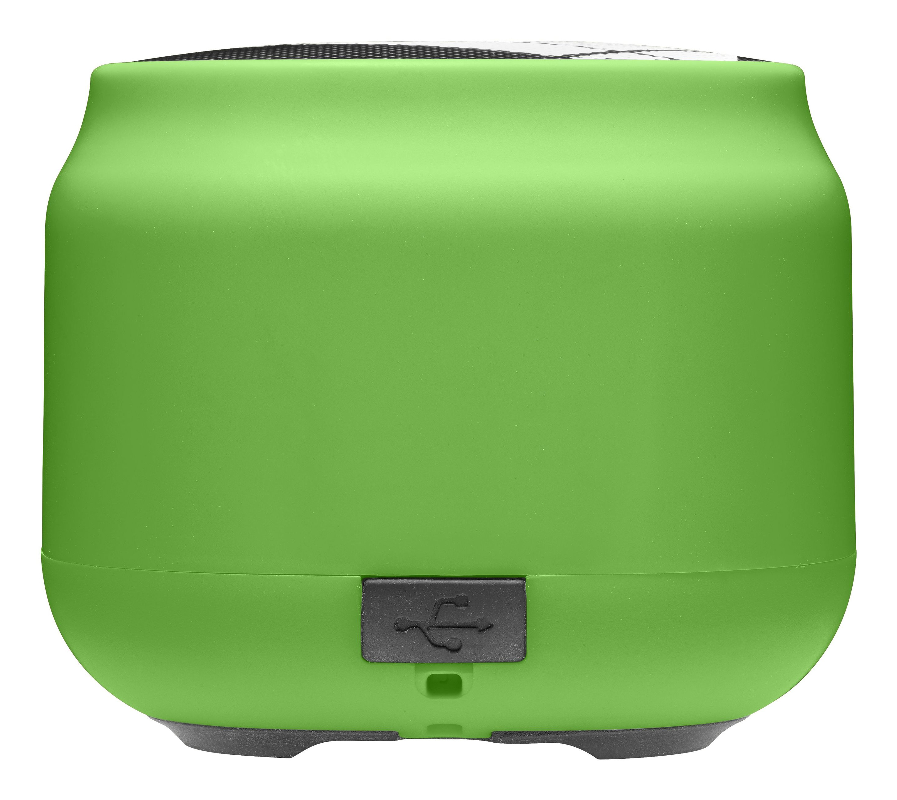 Zielony głośnik przenośny z czarnym siatkowym wierzchem i portem USB. Zaokrąglony kształt.