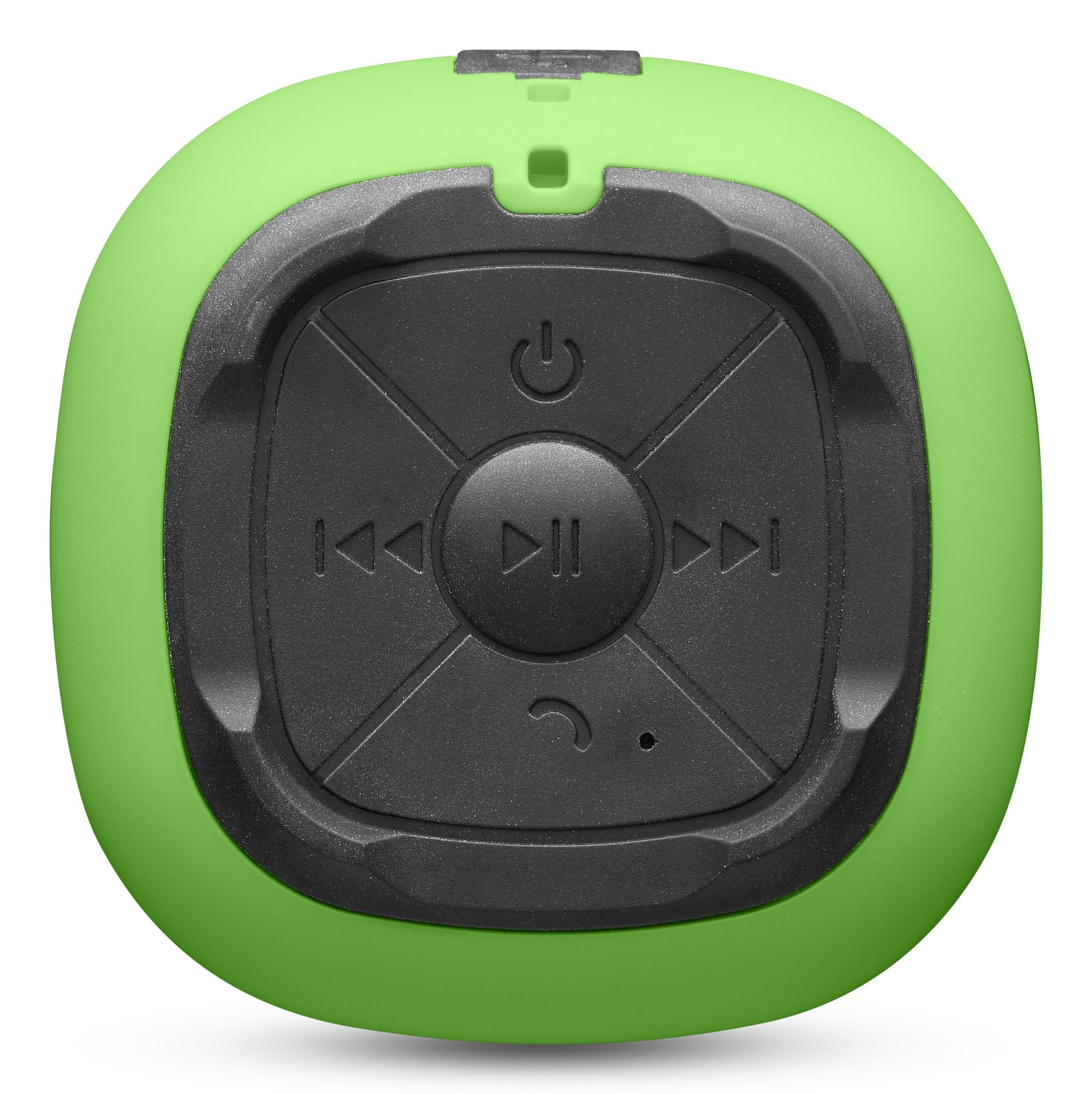 Zielony i czarny okrągły głośnik z przyciskami odtwarzania/pauzy i nawigacji. Białe tło.