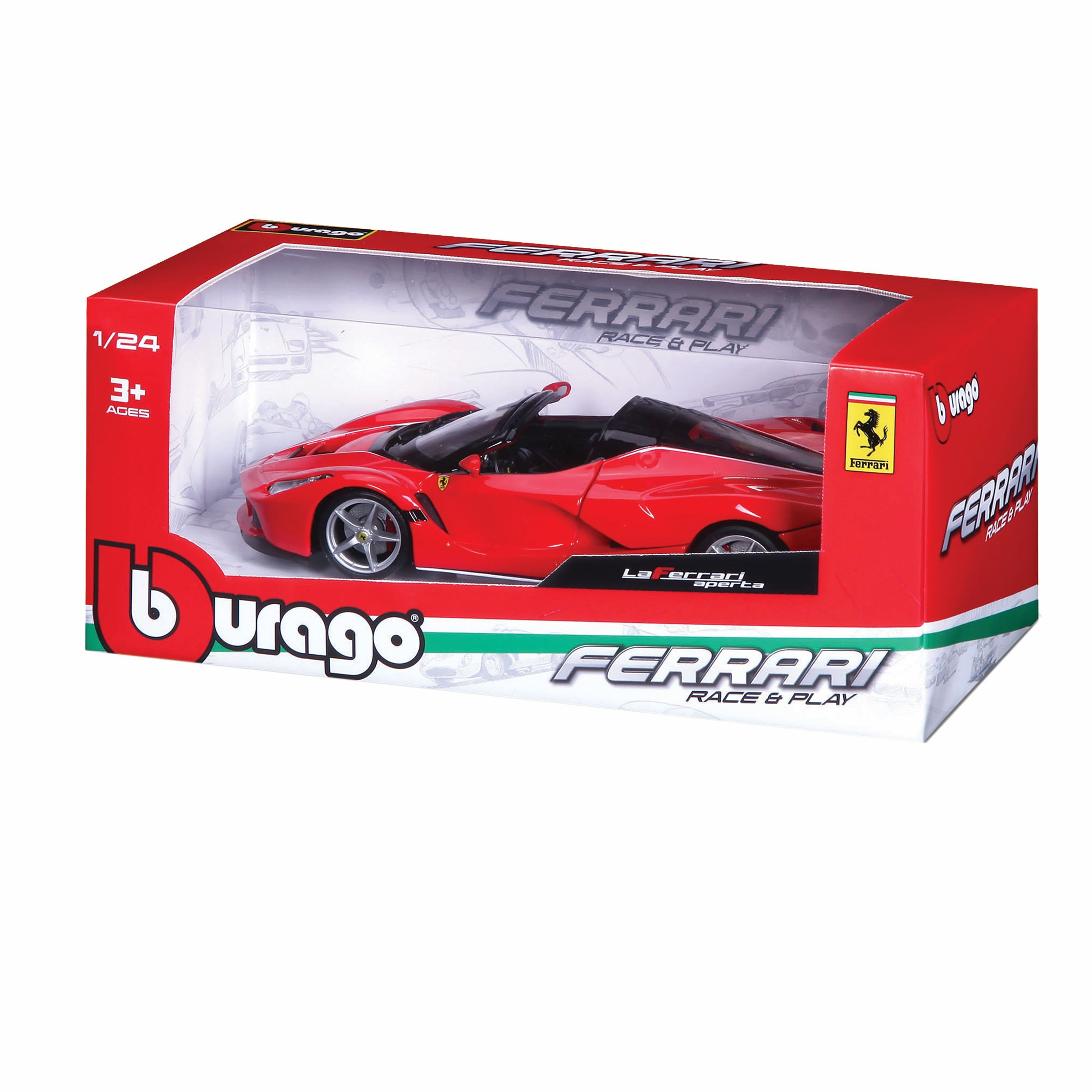 Automobile giocattolo Ferrari rossa in una scatola. La scatola dice Ferrari Race & Play e ha il logo Ferrari.