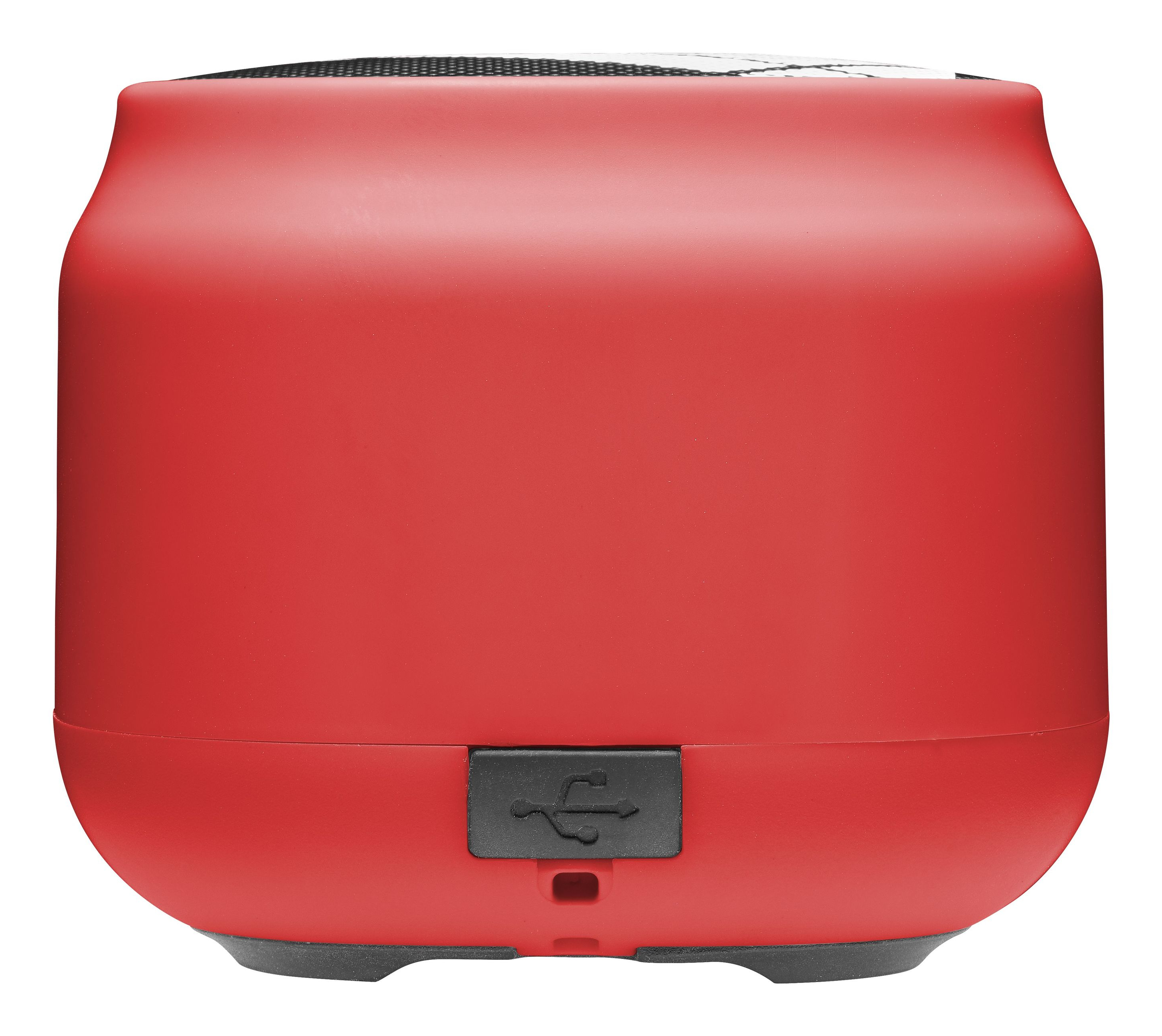 Czerwony głośnik przenośny z czarnym siatkowym wierzchem i portem USB. Zaokrąglony kształt.