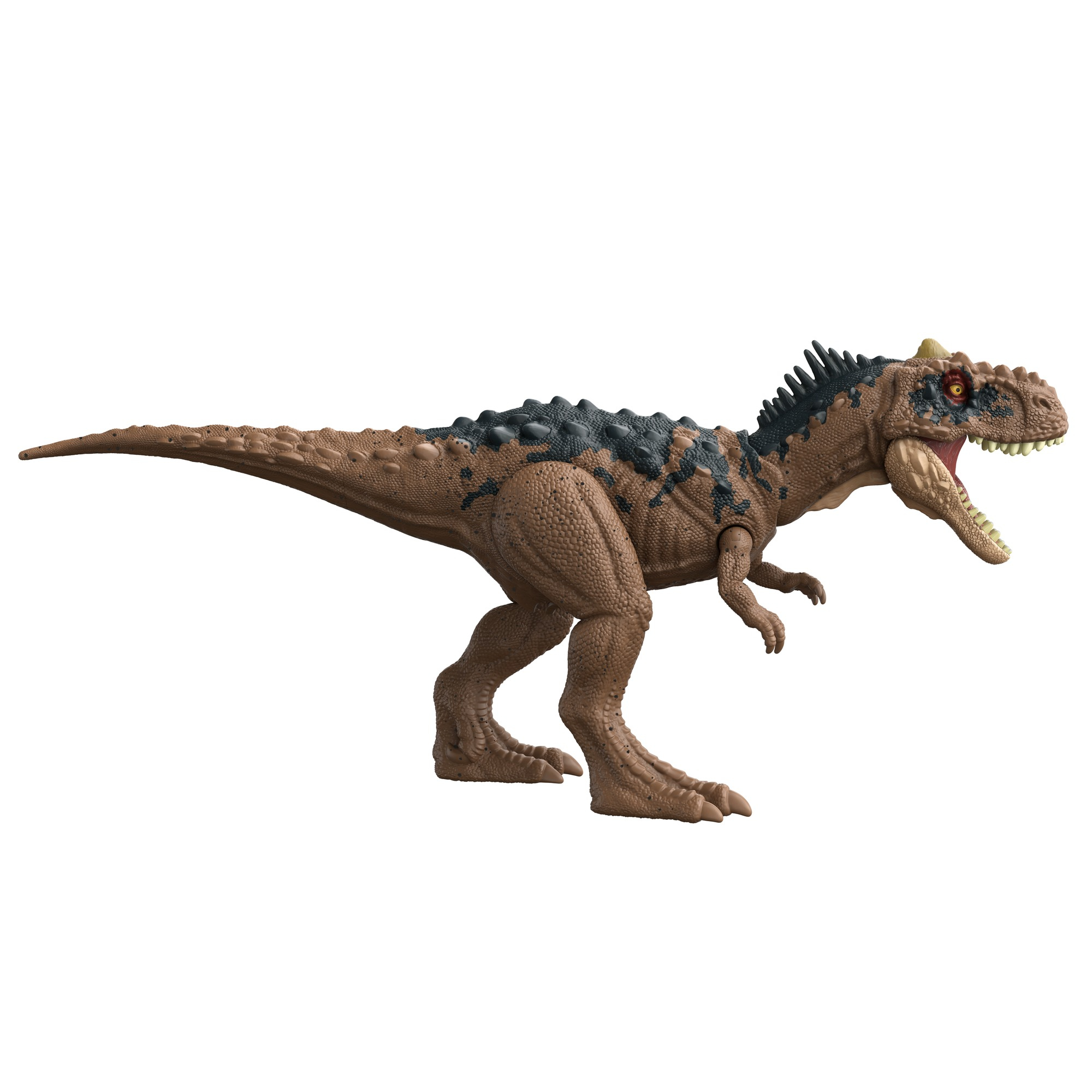 Un dinosauro giocattolo con corpo marrone e macchie nere.
