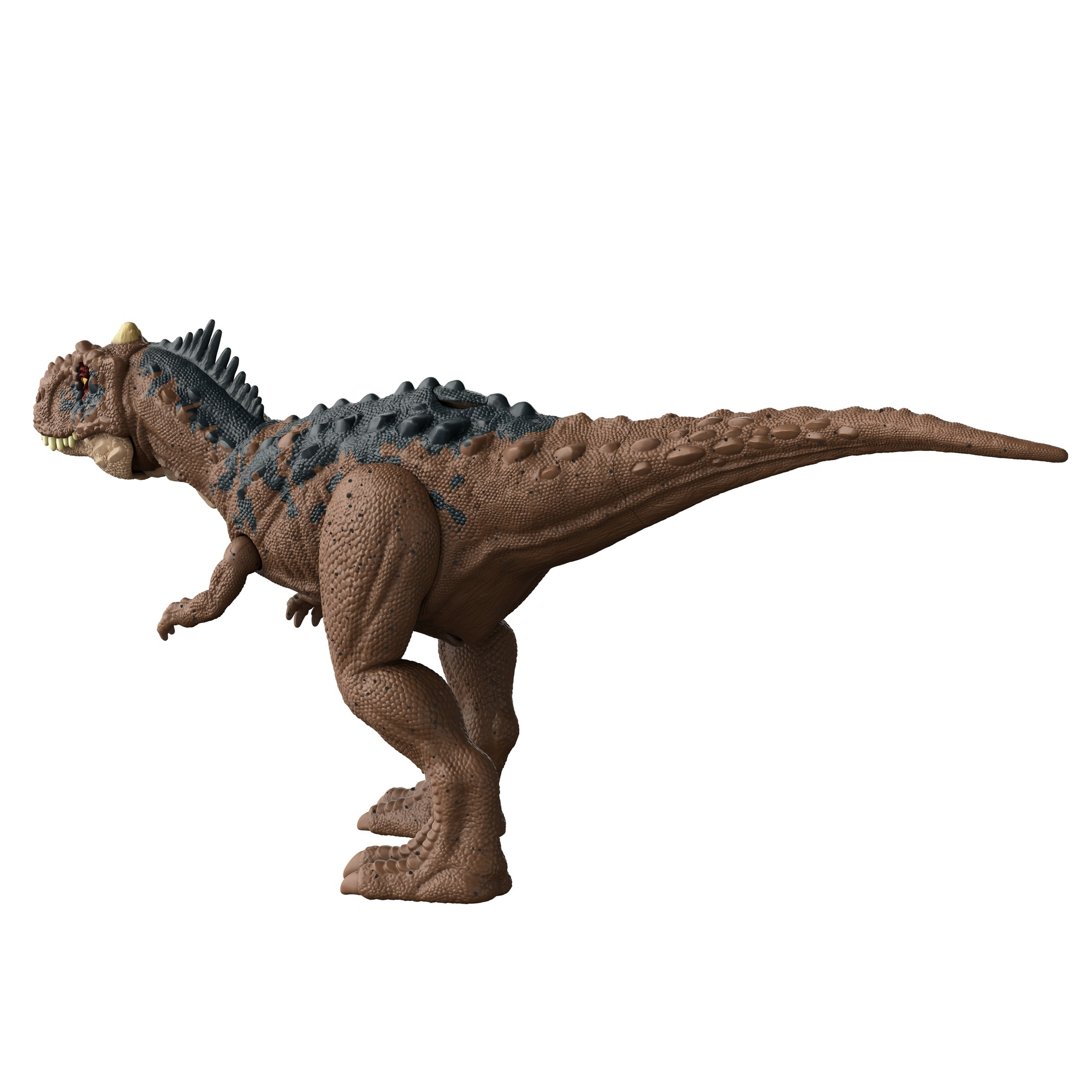 Giocattolo di dinosauro marrone con macchie nere. Sfondo bianco.