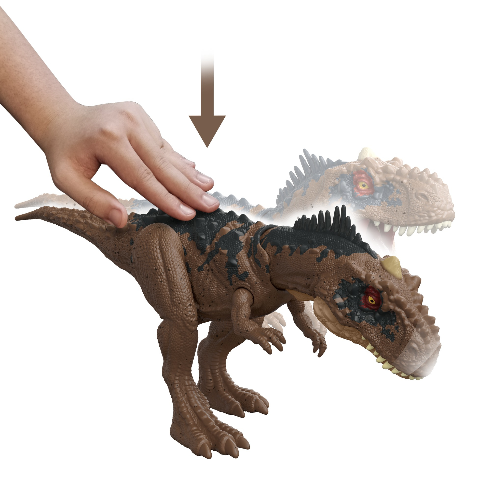 Una mano preme un giocattolo di dinosauro marrone. Una seconda immagine di dinosauro è debolmente visibile dietro.