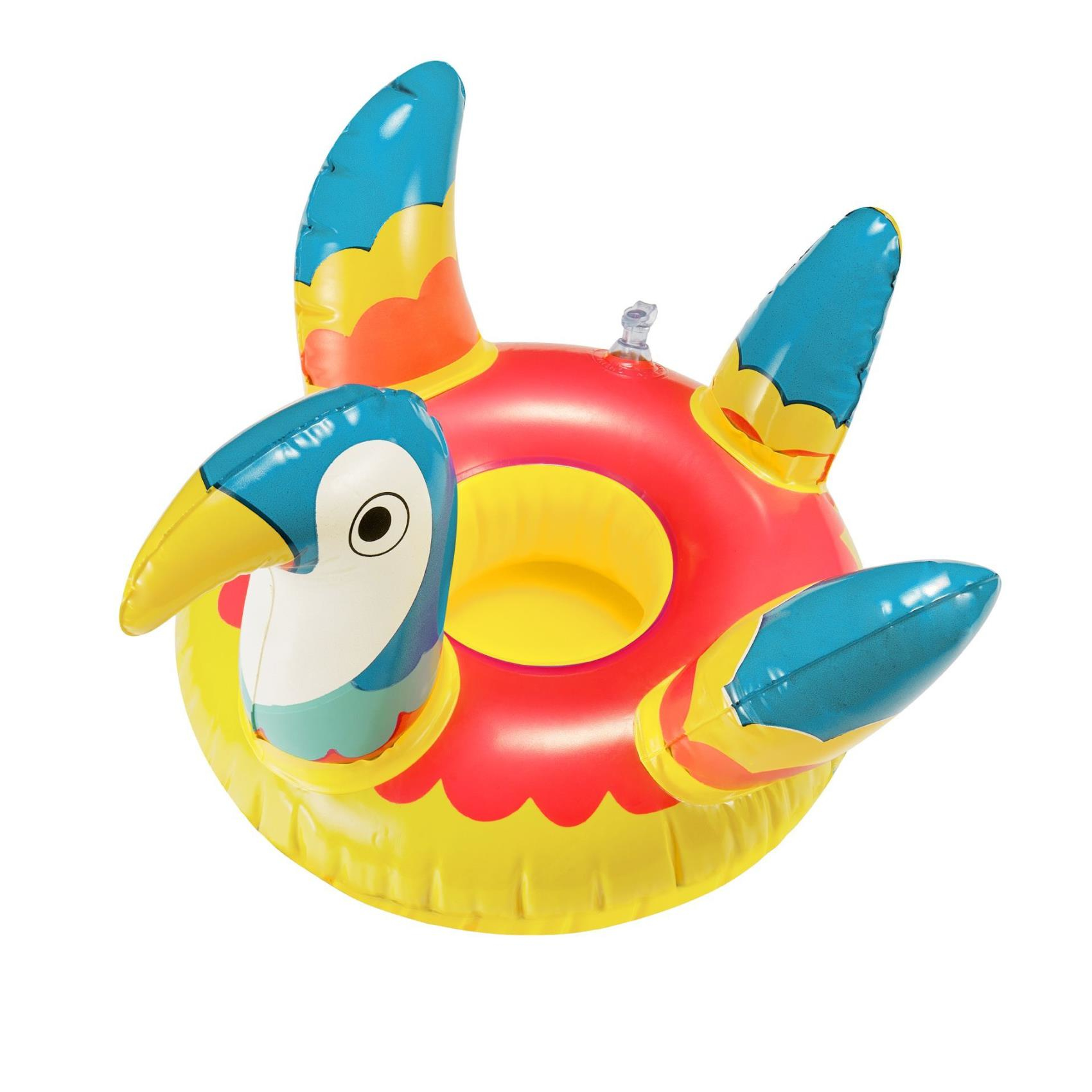 Nadmuchiwany pływak z tukanem. Czerwony korpus, żółty dziób, niebieskie skrzydła i głowa.
