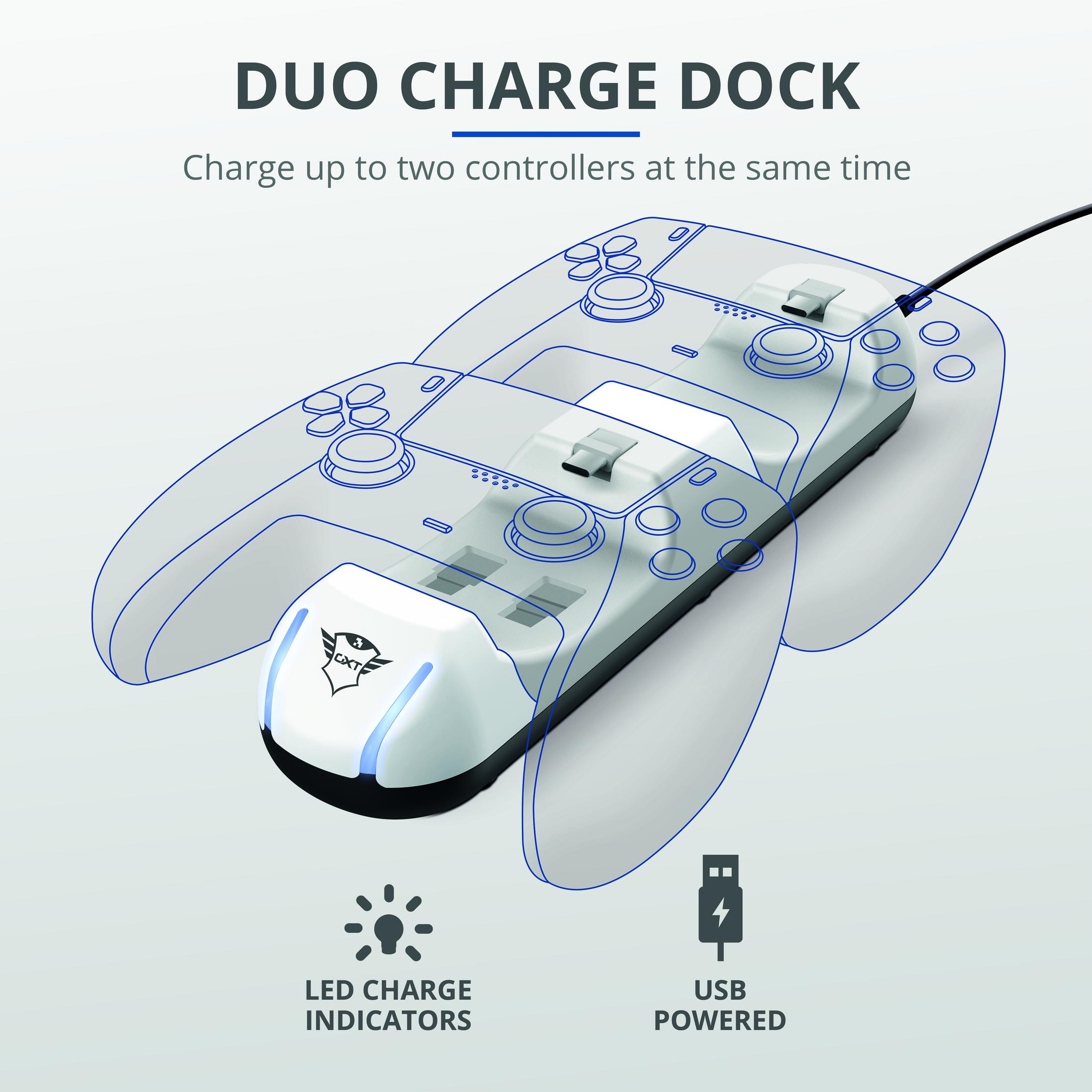 Base di ricarica per controller di gioco bianca e nera. Ha due contorni di controller.