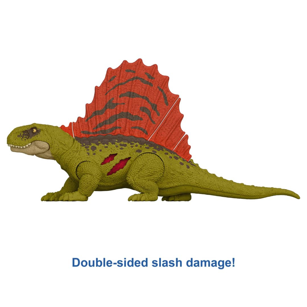 Un giocattolo di dinosauro verde con pinna rossa e danni da taglio. Il testo recita "Danni da taglio su entrambi i lati!"