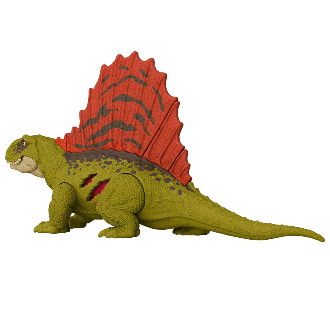 Un giocattolo di dinosauro verde con pinna rossa e danni da taglio.