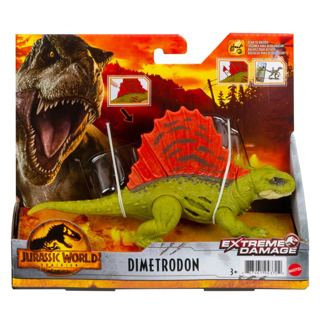 Un giocattolo di dinosauro nella sua confezione. È verde e rosso, con il logo Jurassic World sulla scatola.