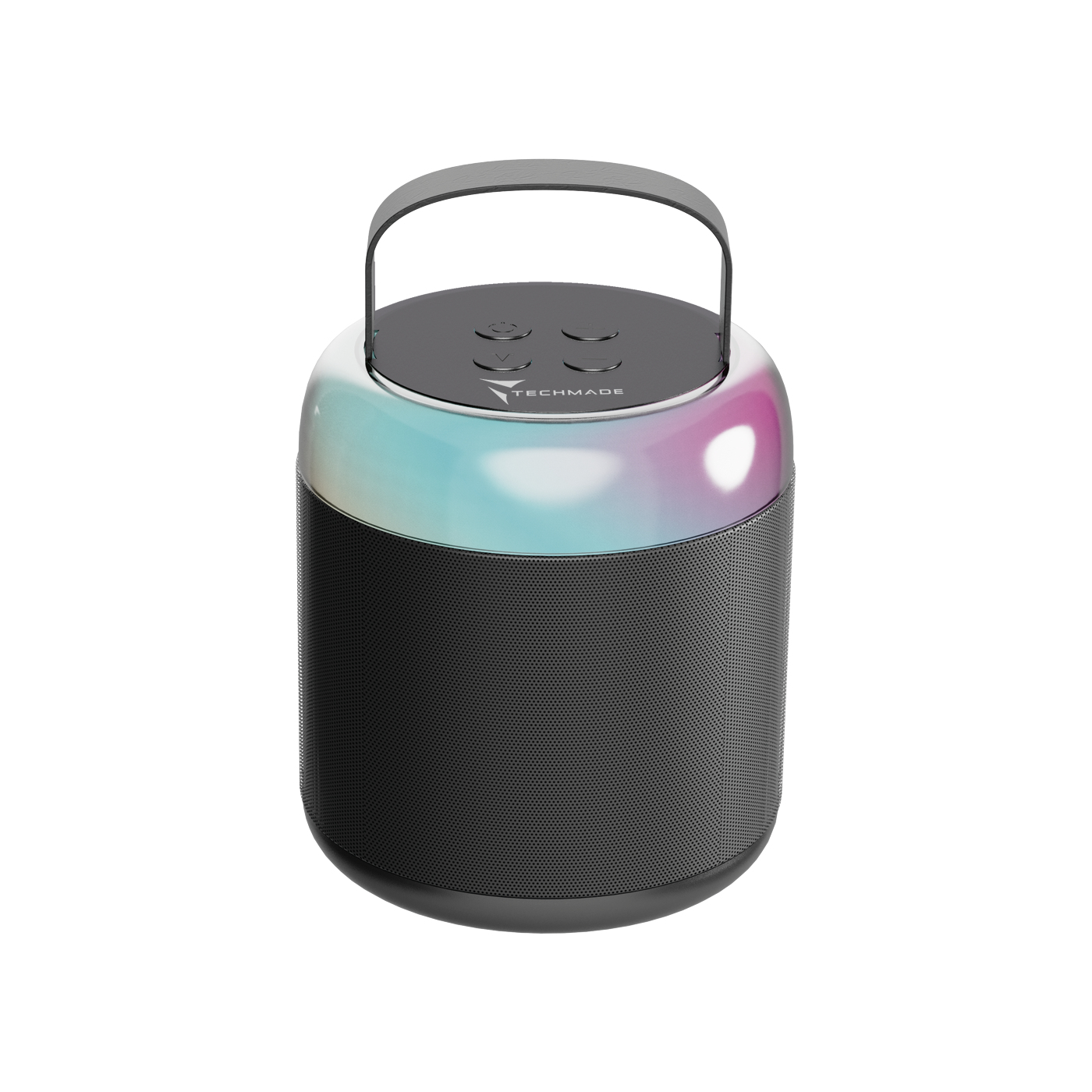 Cylindryczny głośnik z uchwytem. Na górze znajdują się przyciski sterowania i zmieniające kolor światło.