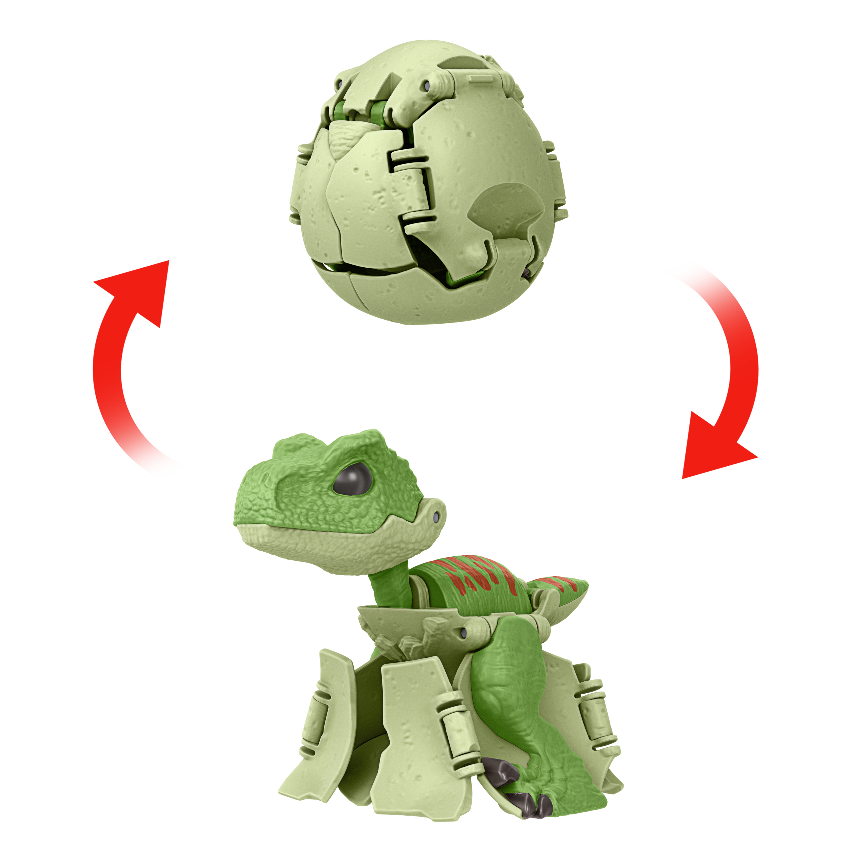 Ein grünes Dinosaurierspielzeug schlüpft aus einem Ei, mit roten Pfeilen, die die Transformation anzeigen.