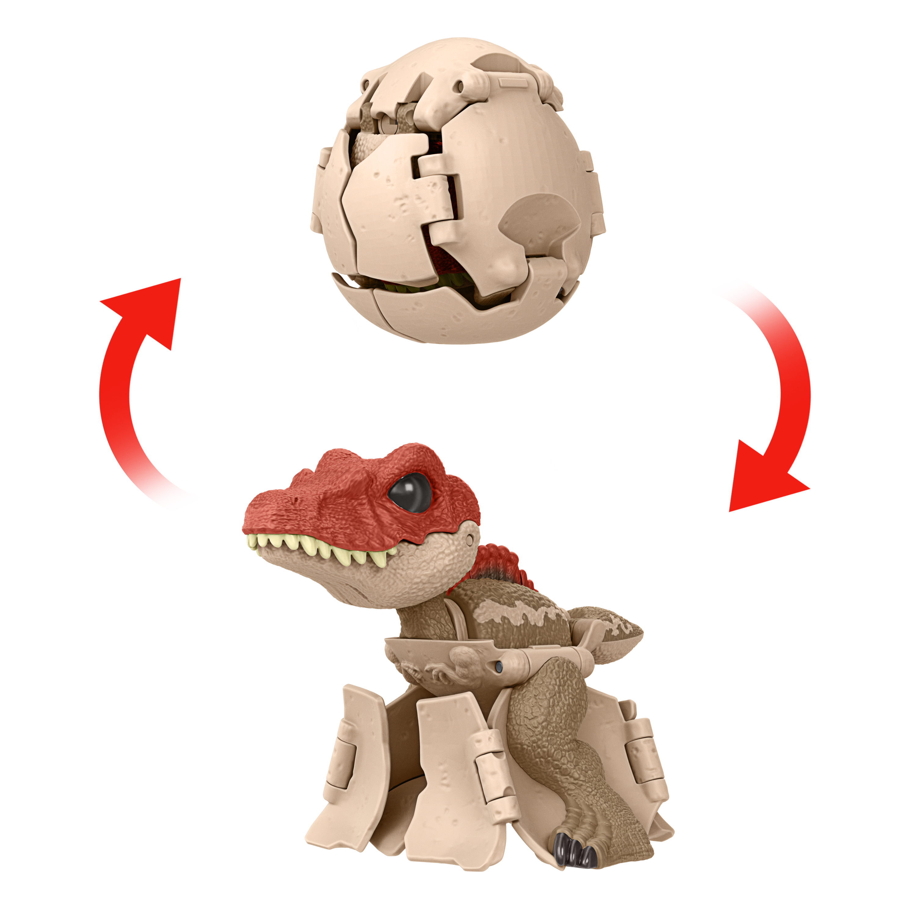 Ein rotes Dinosaurierspielzeug schlüpft aus einem Ei, mit roten Pfeilen, die die Transformation anzeigen.