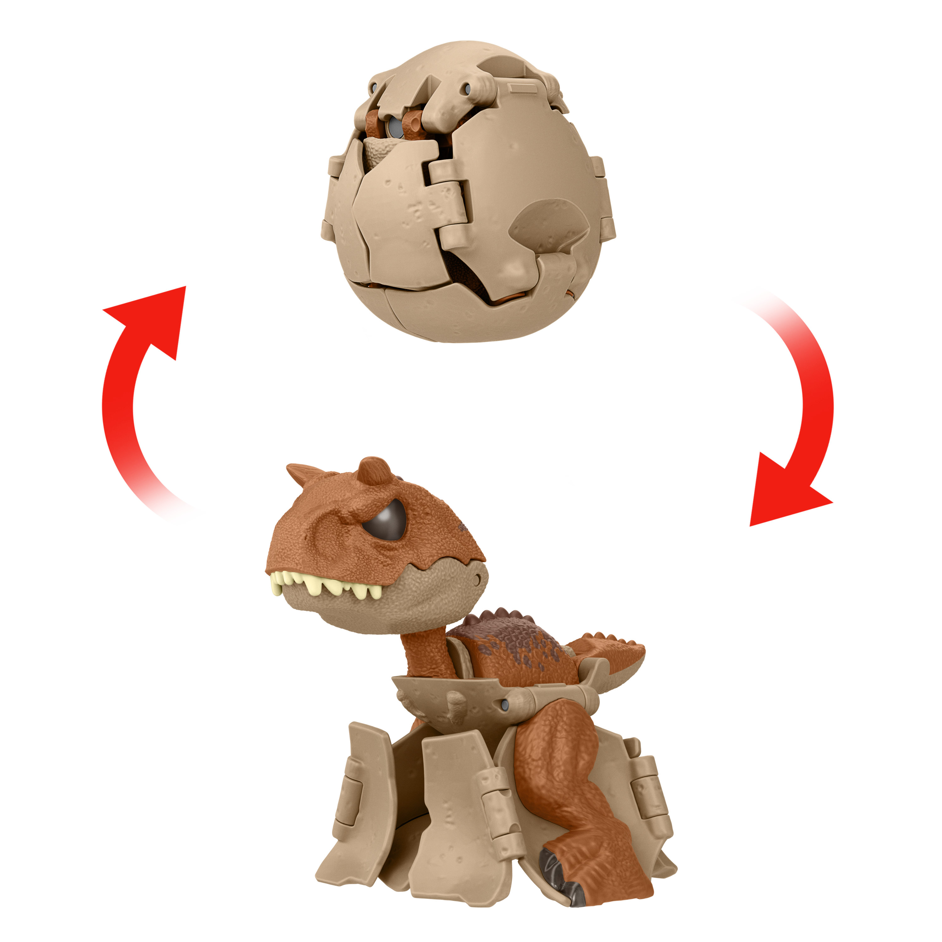 Ein braunes Dinosaurierspielzeug schlüpft aus einem Ei, mit roten Pfeilen, die die Transformation anzeigen.