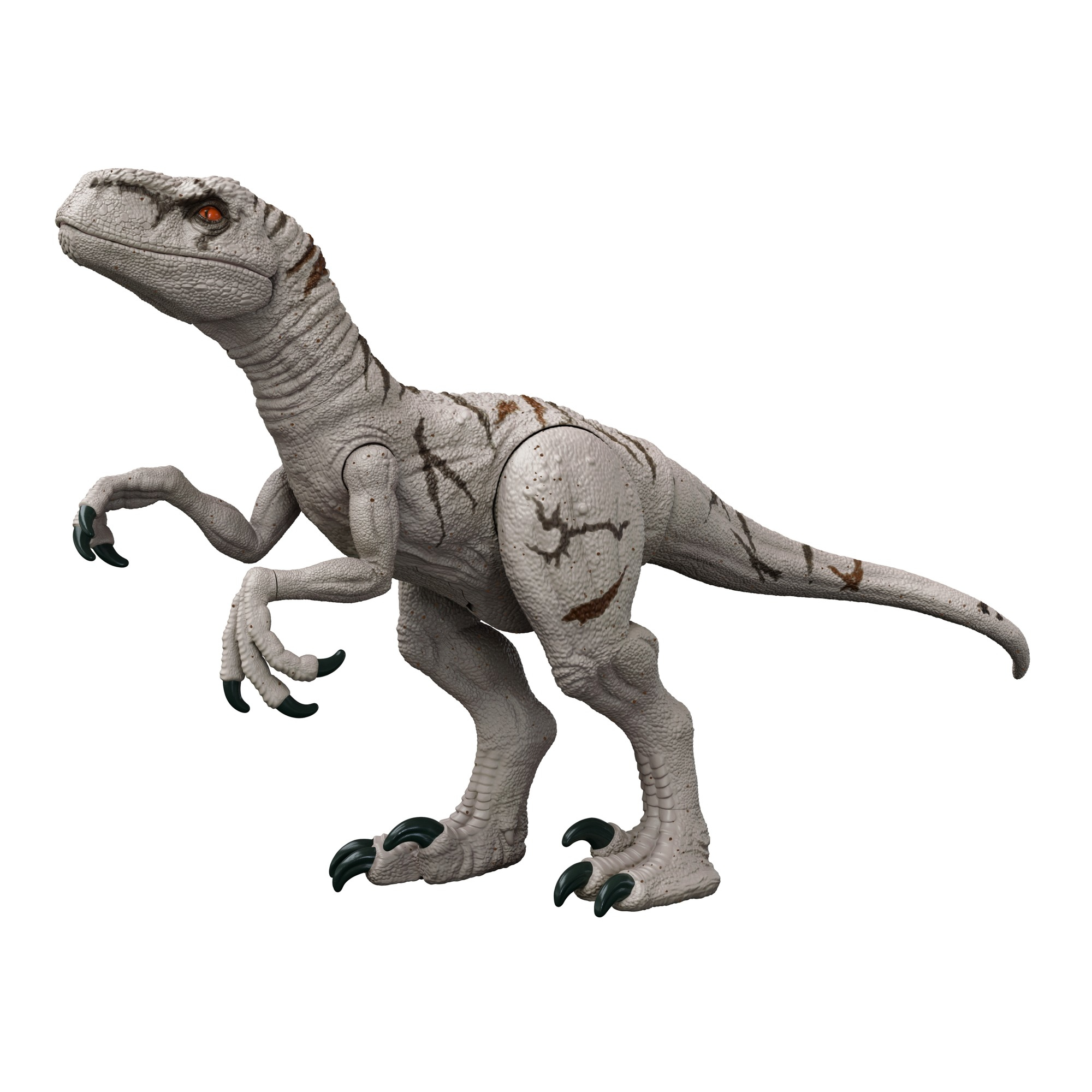 Un giocattolo di dinosauro grigio con la bocca aperta, su sfondo bianco.