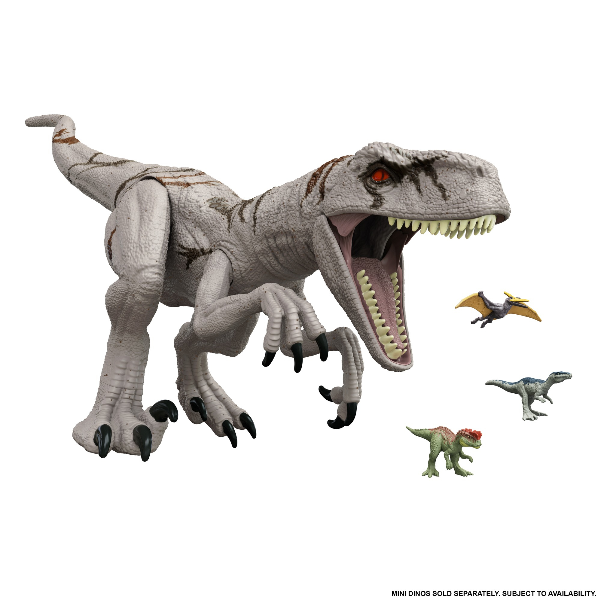 Un grande dinosauro giocattolo con piccoli dinosauri giocattolo e uno pterosauro. Sfondo bianco.